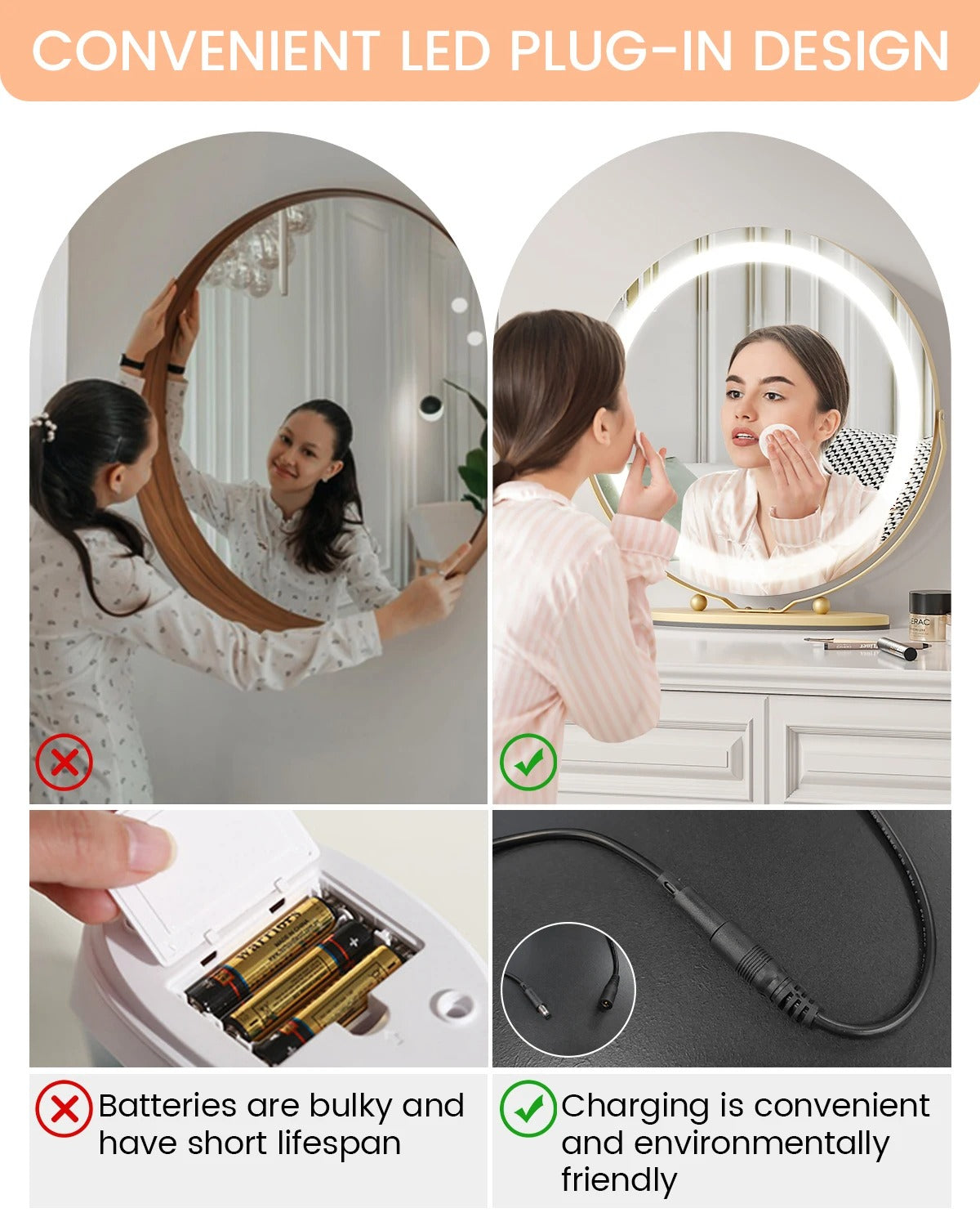 19" Large Round LED Vanity Mirror with Touch Control – Dimmable 3-Color Makeup Light for Bedroom Tabletop - M002