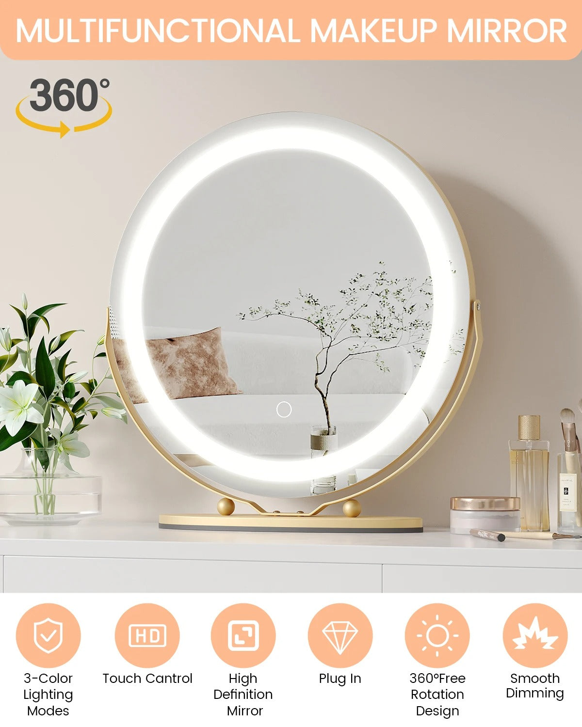 19" Large Round LED Vanity Mirror with Touch Control – Dimmable 3-Color Makeup Light for Bedroom Tabletop - M002