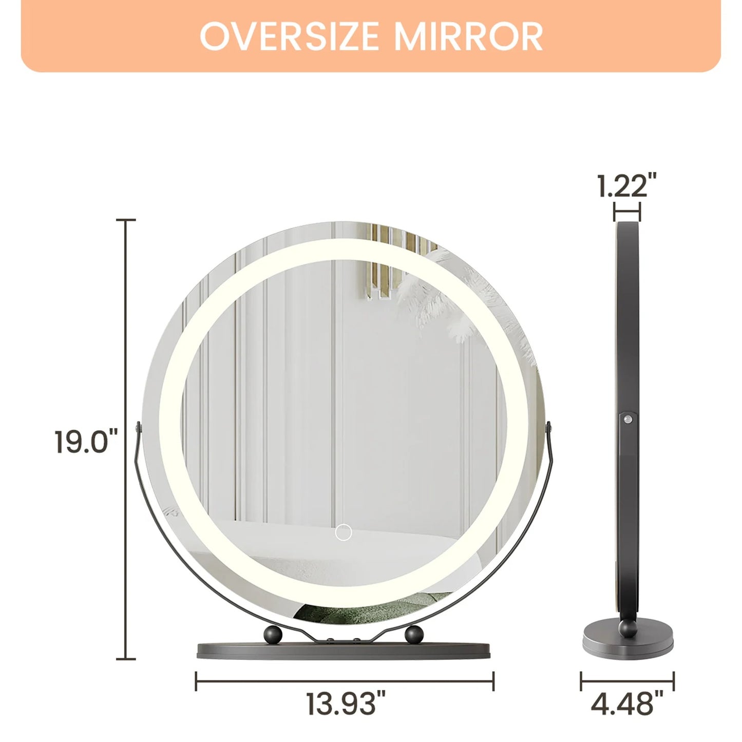 19" Large Round LED Vanity Mirror with Touch Control – Dimmable 3-Color Makeup Light for Bedroom Tabletop - M002