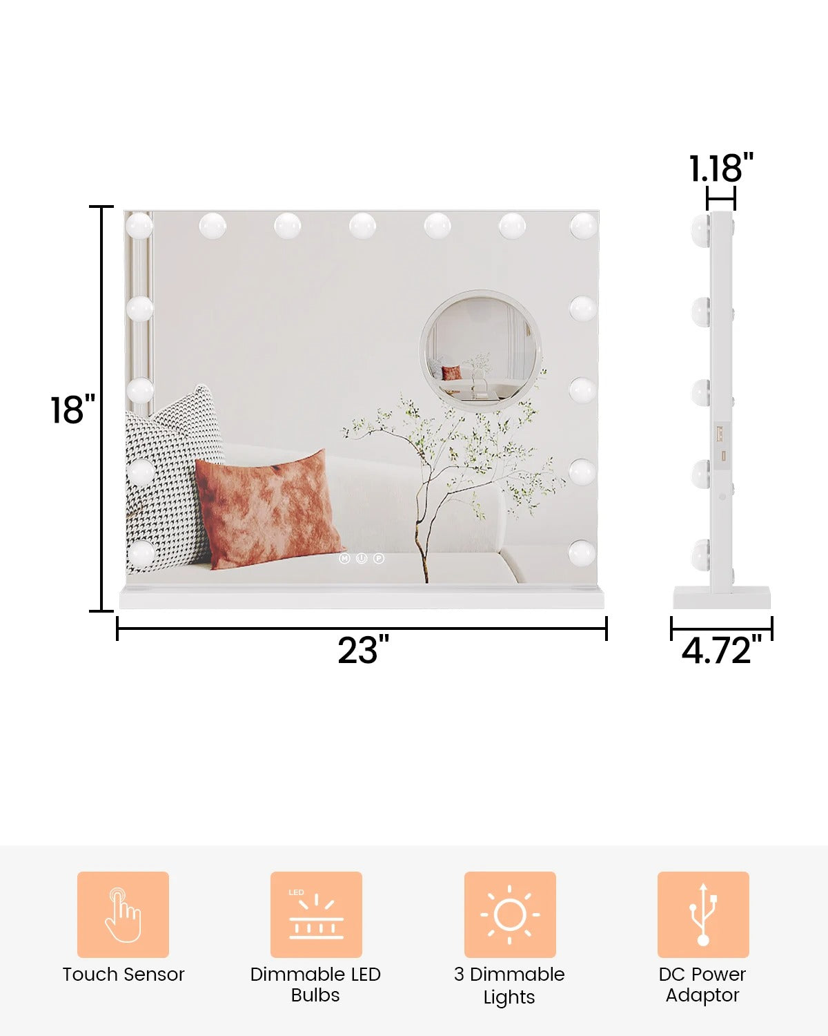 Large 32"x24" Rectangle Hollywood Makeup Mirror with 17 LED Bulbs – 3 Color Modes Touch Control with 3X Magnification for Dressing Table - M001