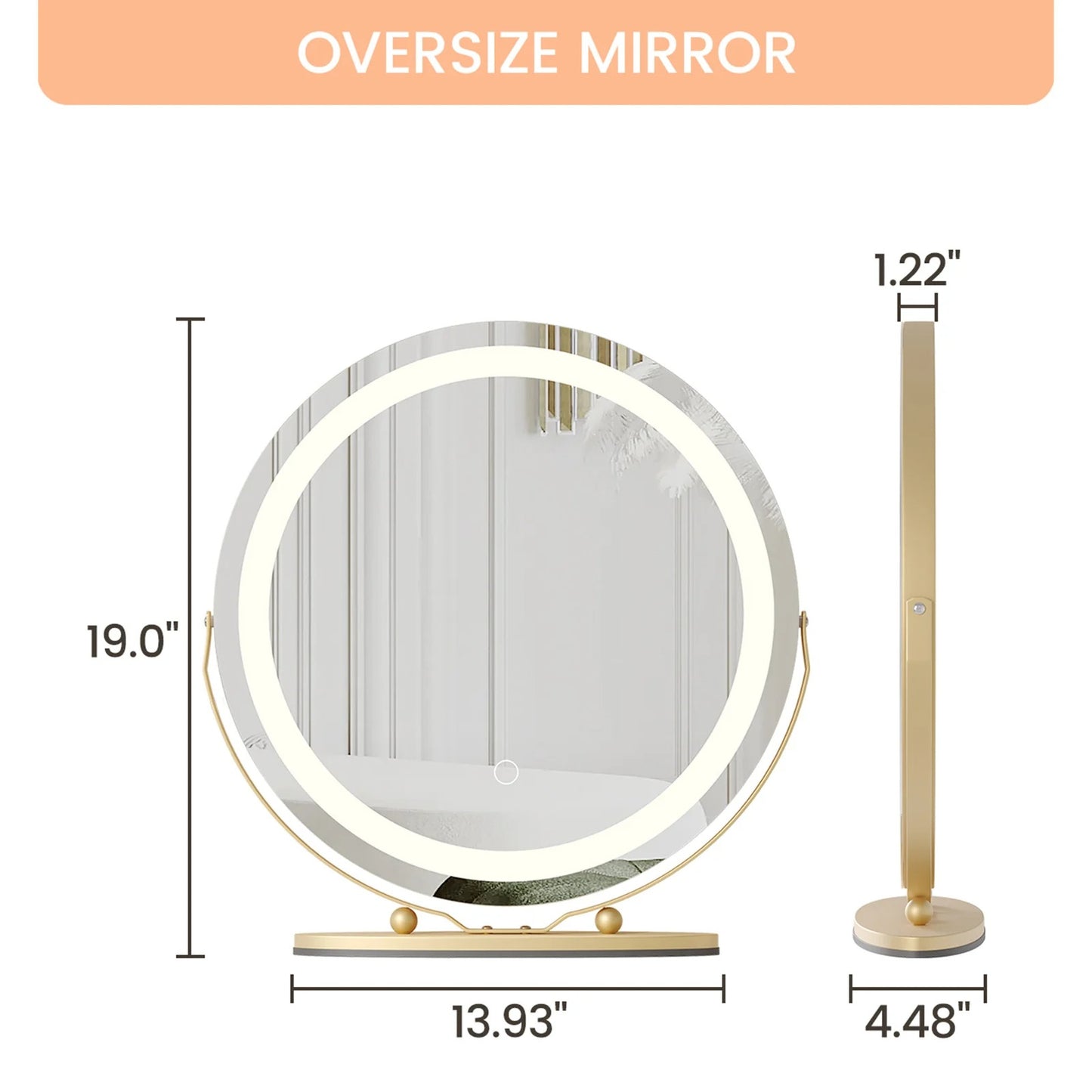 19" Large Round LED Vanity Mirror with Touch Control – Dimmable 3-Color Makeup Light for Bedroom Tabletop - M002
