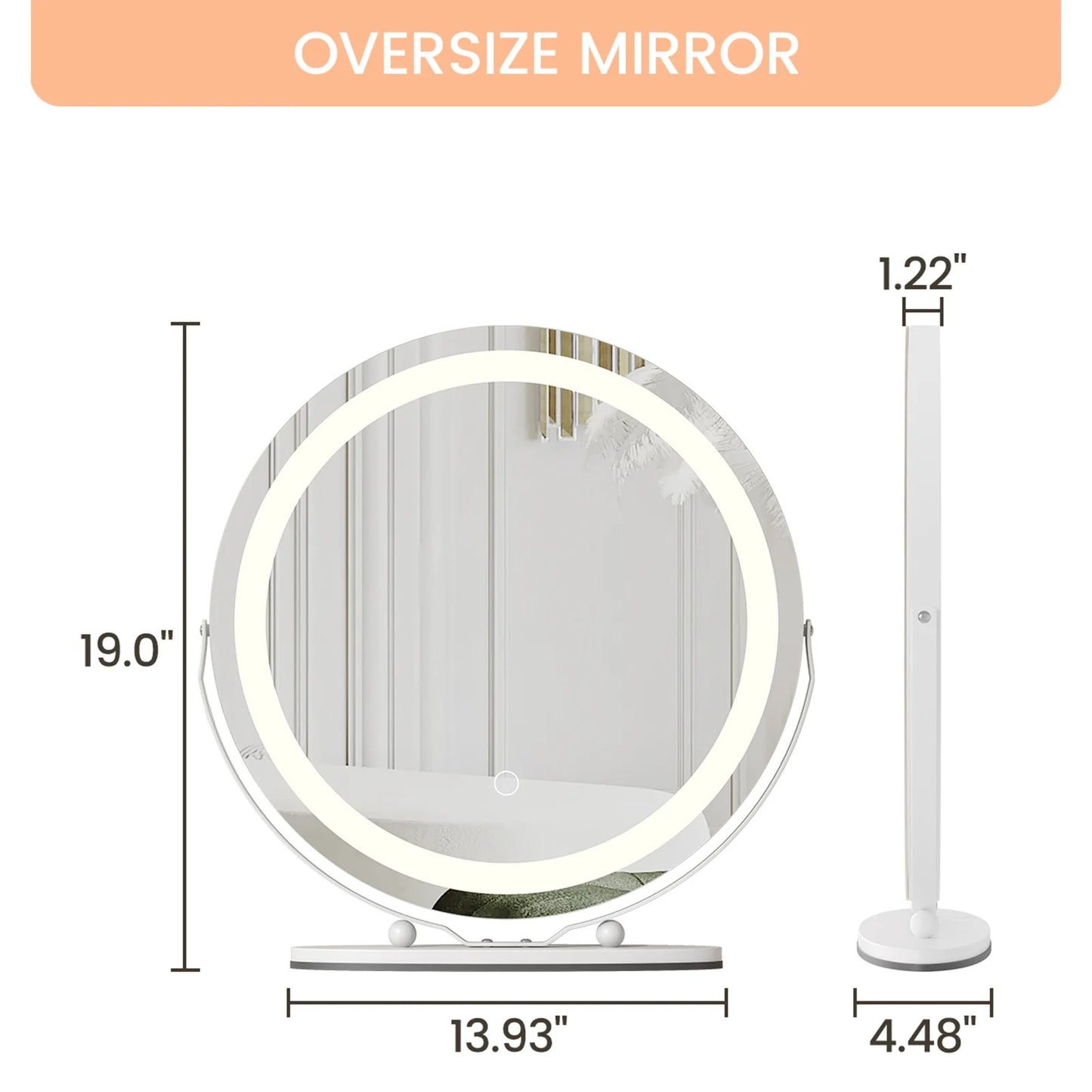19" Large Round LED Vanity Mirror with Touch Control – Dimmable 3-Color Makeup Light for Bedroom Tabletop - M002
