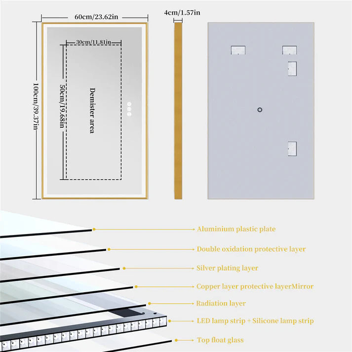 Front Light Rectangle Aluminum Alloy Frame Bath Mirror,Wall Mounted Lighted Vanity Mirror, Anti-Fog