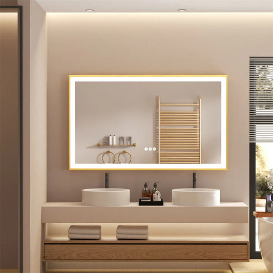 Rectangle Golden Aluminum Alloy Frame Front Light LED Smart Large Bathroom Illumination Mirror, Wall Mounted, Anti-Fog
