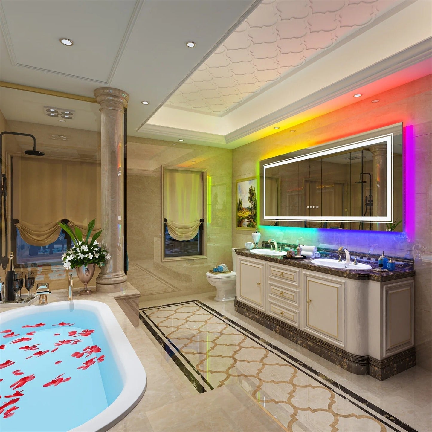 Rectangle Glitzy RGB Double Light LED Bathroom Mirror RGB Color Changing Backlight, Dimmable, Anti-Fog, and Shatterproof