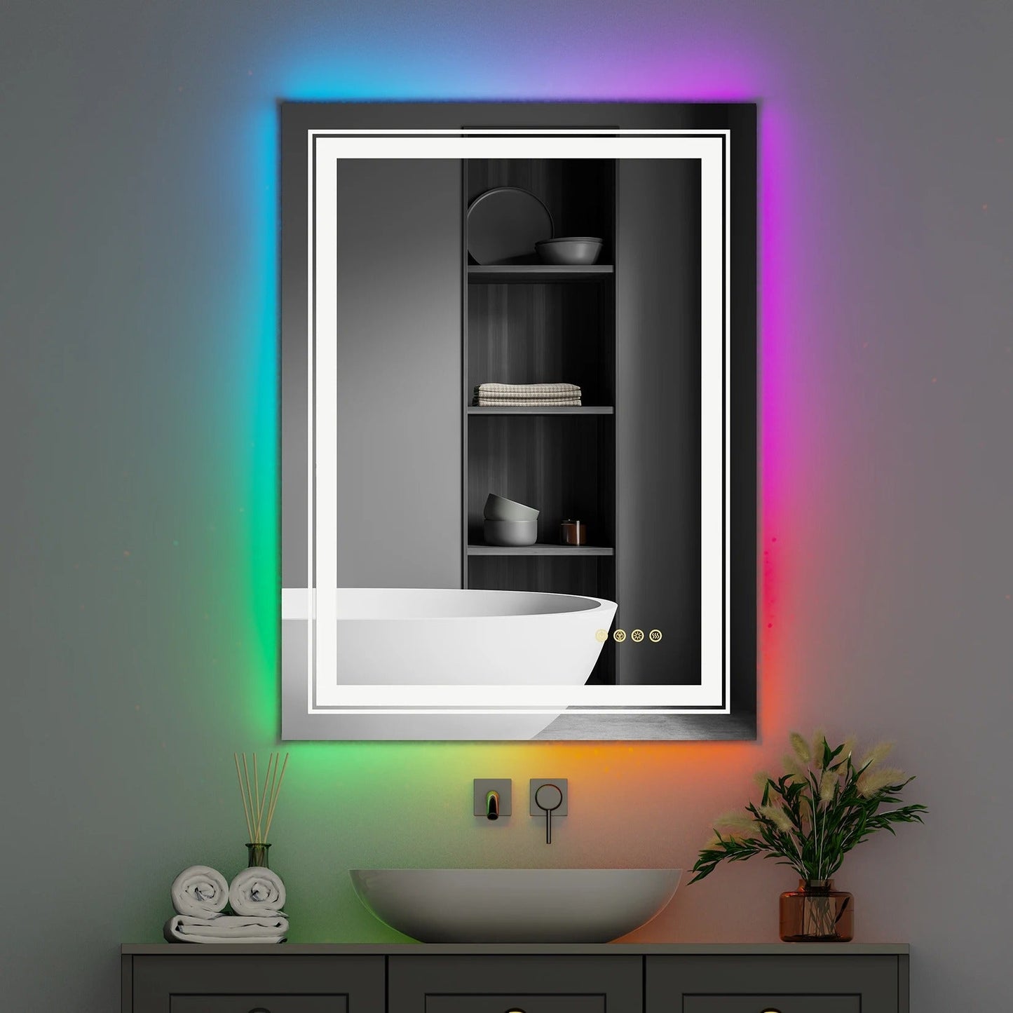 Rectangle Glitzy RGB Double Light LED Bathroom Mirror RGB Color Changing Backlight, Dimmable, Anti-Fog, and Shatterproof