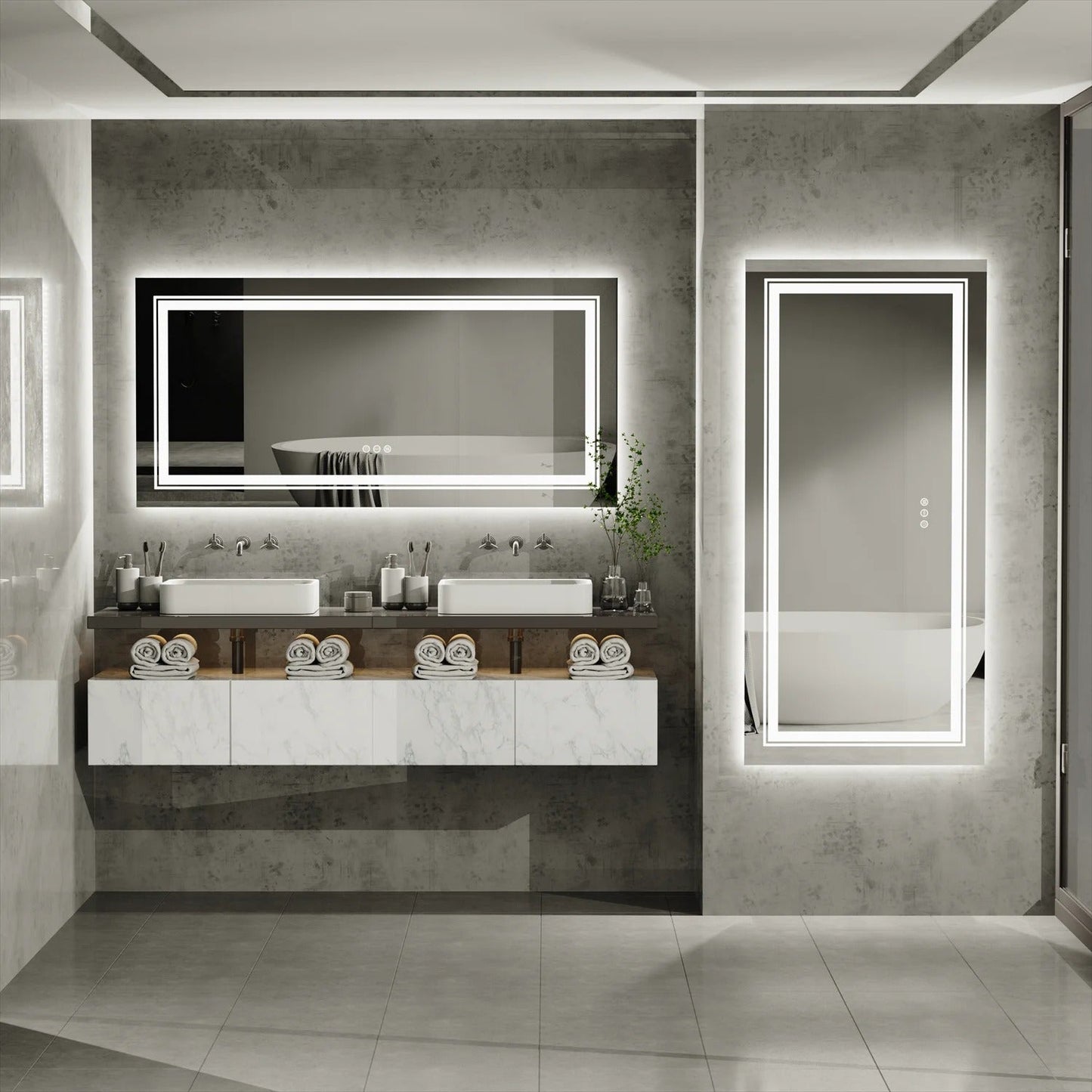 Large Rectangle Double Lights LED Bathroom Mirror Illuminated Dimmable Vanity Mirror with Anti-Fog, 3 Color