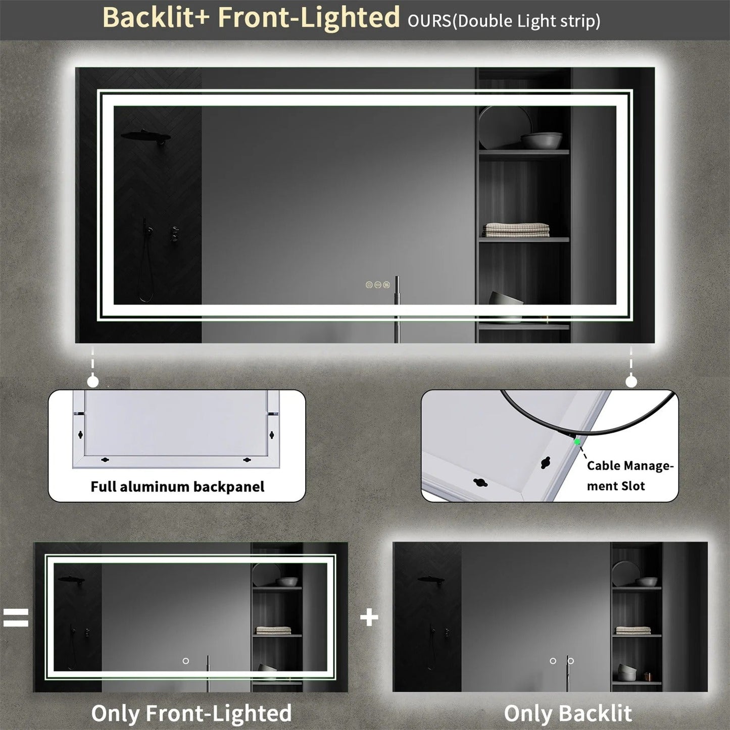 160cm x 80cm Extra Large rectangle LED Double Light Bathroom Mirror Dual Lights Anti-Fog Memory 3 Colors Dimmable