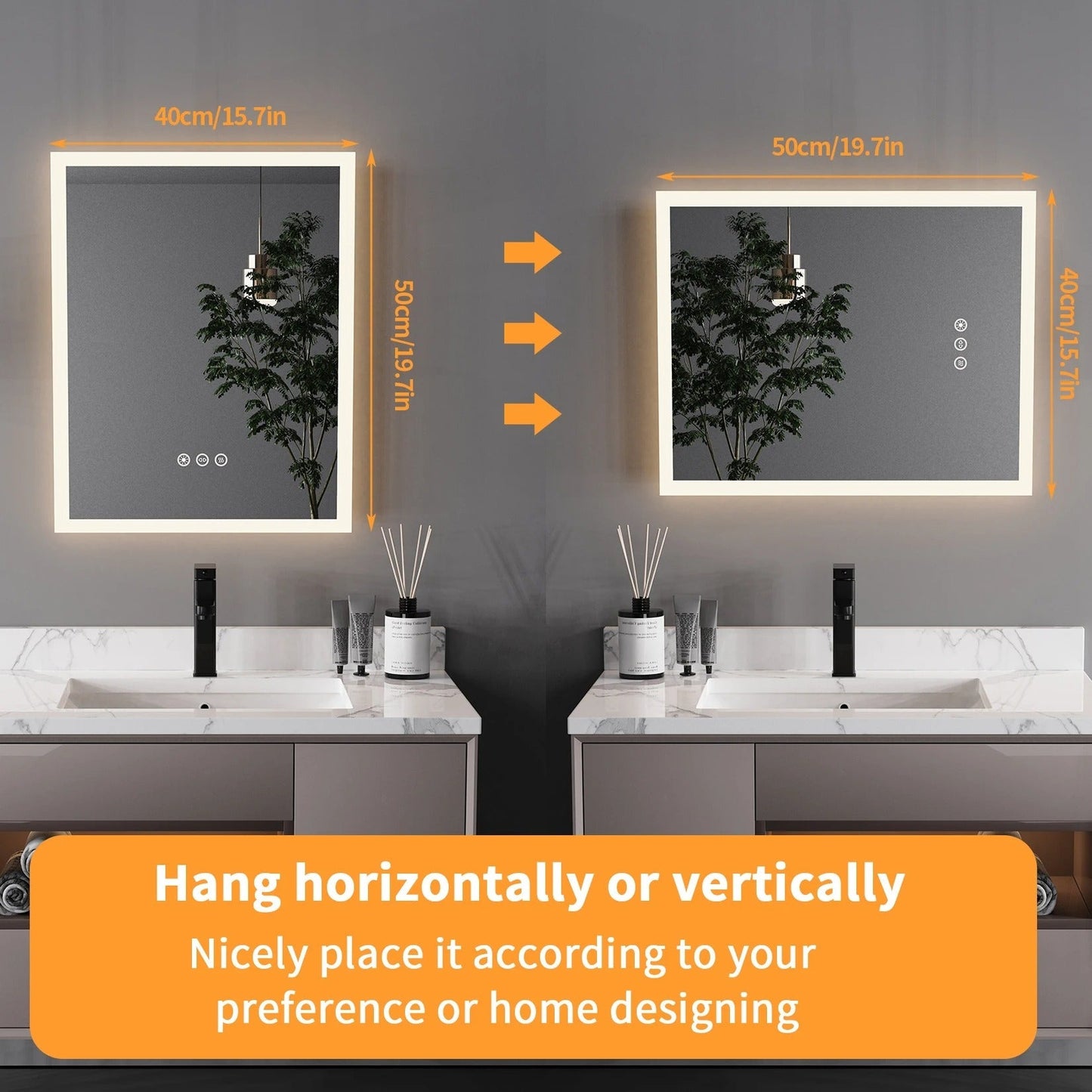 40x50cm Front light LED Bathroom Mirror with Anti-Fog, Wall Mounted Vanity Mirror with Smart Touch Button, Memory Function