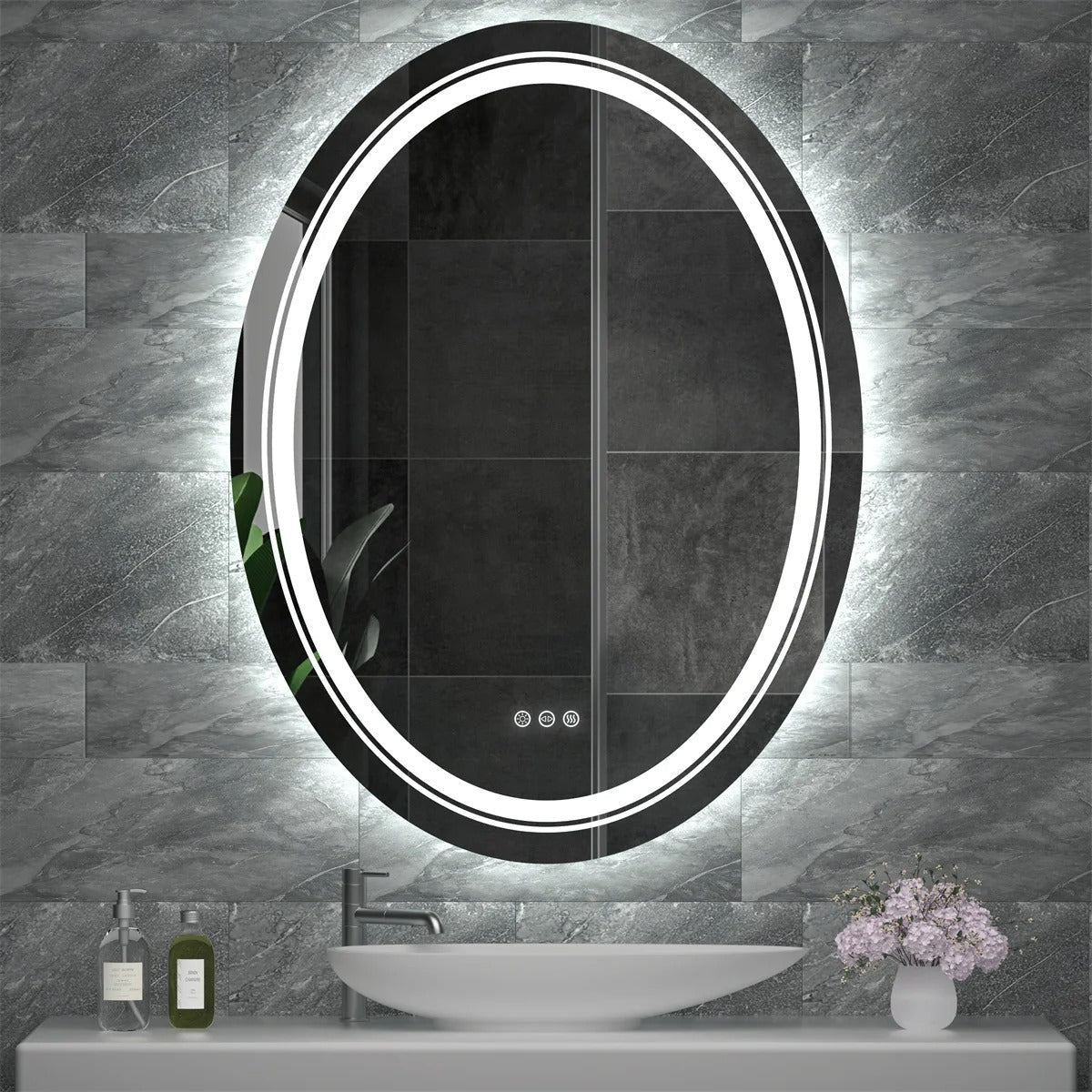 Double Light OVAL LED Illuminated Mirror Bathroom Makeup Mirror with Dimmable