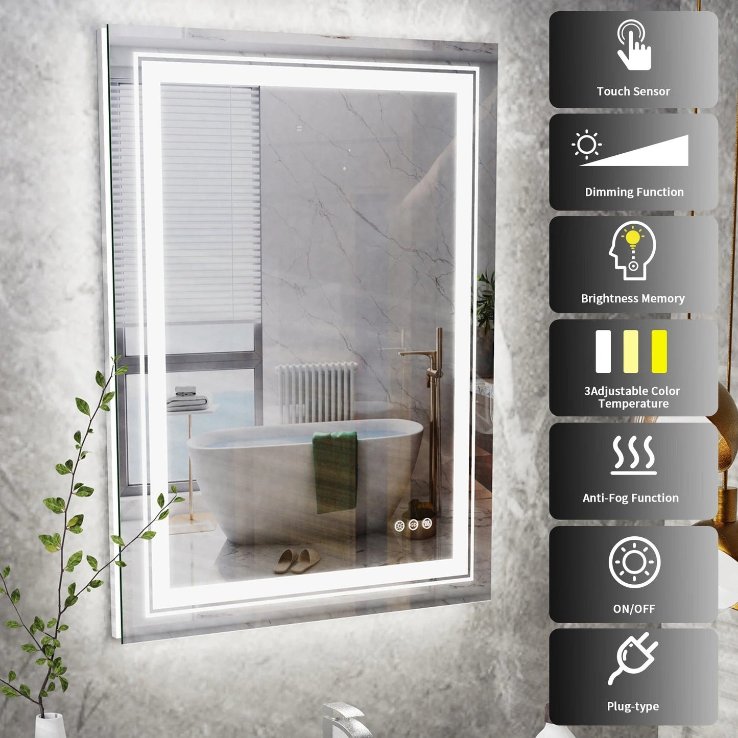Rectangle Double Light LED Illuminated Smart Mirror Bathroom Makeup Mirror with Dimmable Anti-Fog