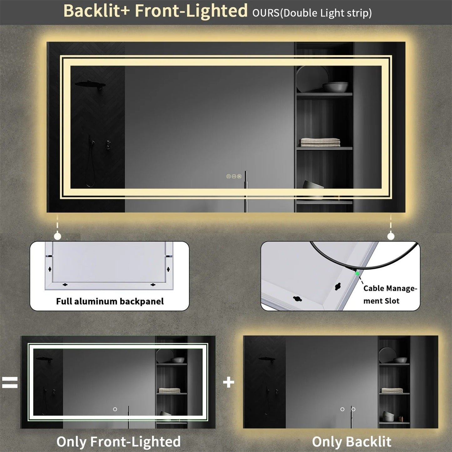 Large Rectangle Double Lights LED Bathroom Mirror Illuminated Dimmable Vanity Mirror with Anti-Fog, 3 Color