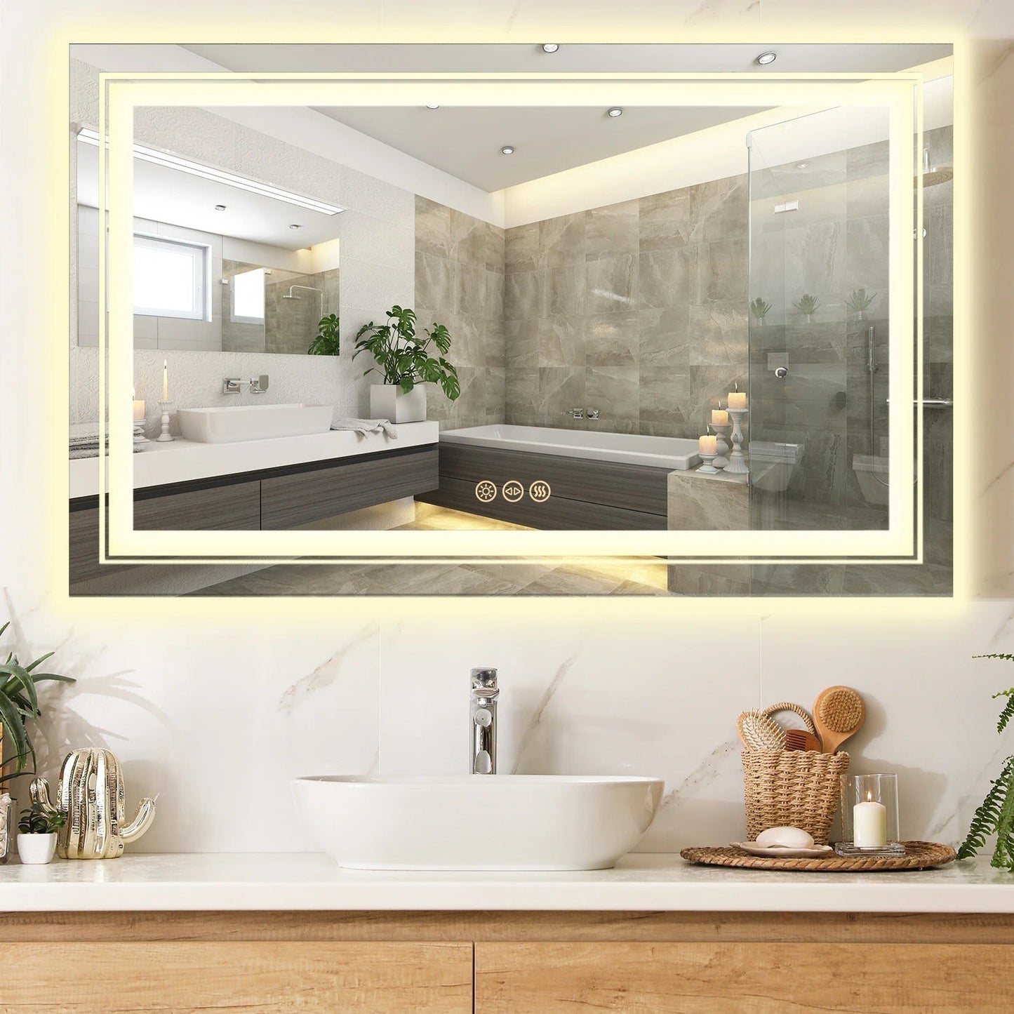 Double Light 100x 60cm Rectangle LED Bathroom Mirror, Dimmable Wall Mirrors with Anti-Fog, 3 Color