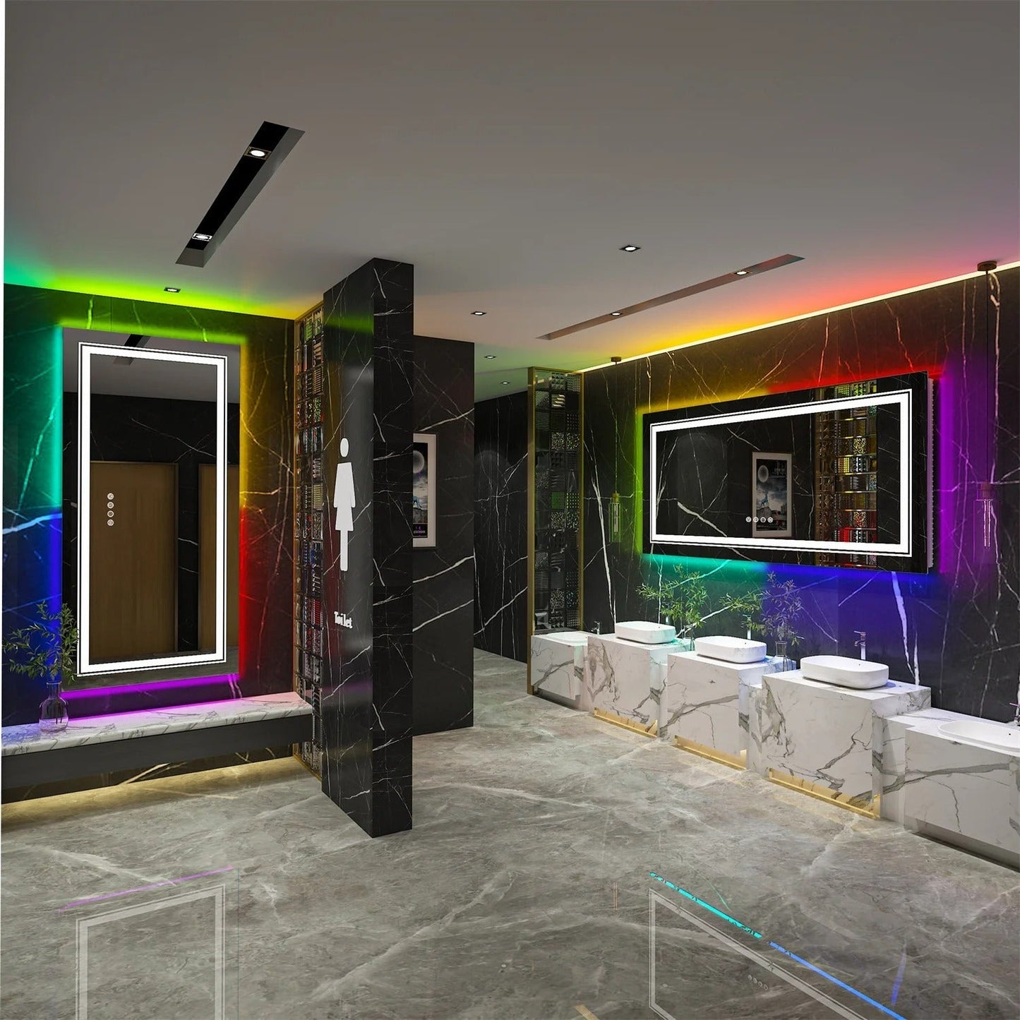 Rectangle Glitzy RGB Double Light LED Bathroom Mirror RGB Color Changing Backlight, Dimmable, Anti-Fog, and Shatterproof