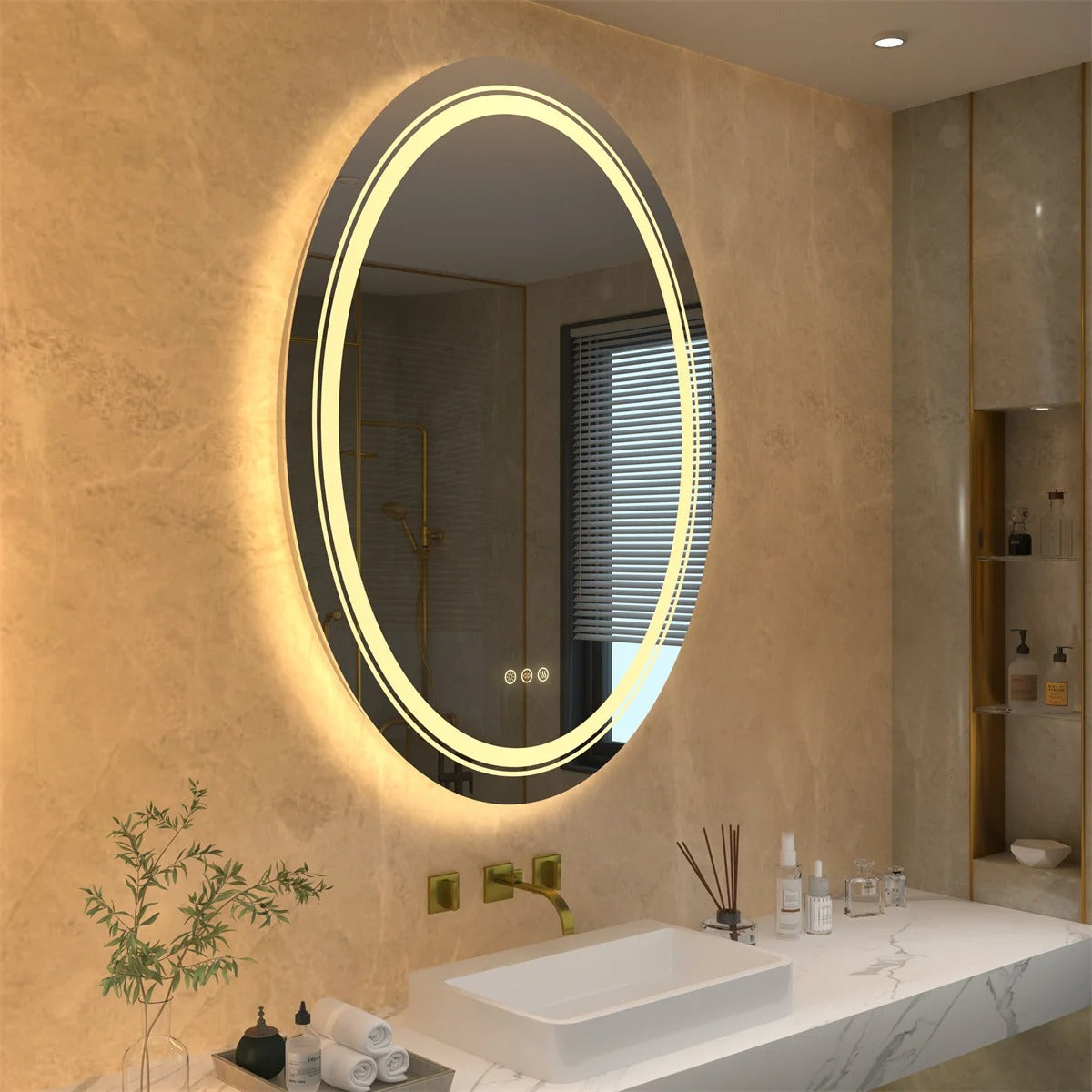 Double Light OVAL LED Illuminated Mirror Bathroom Makeup Mirror with Dimmable