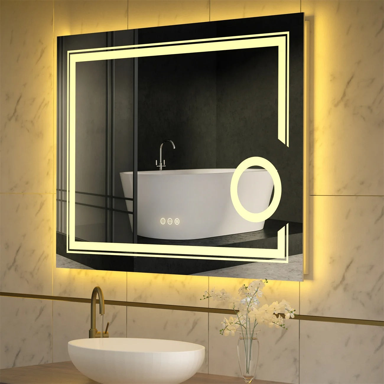 Double lights Smart LED Rectangle Bathroom Mirror with 3X Magnifier