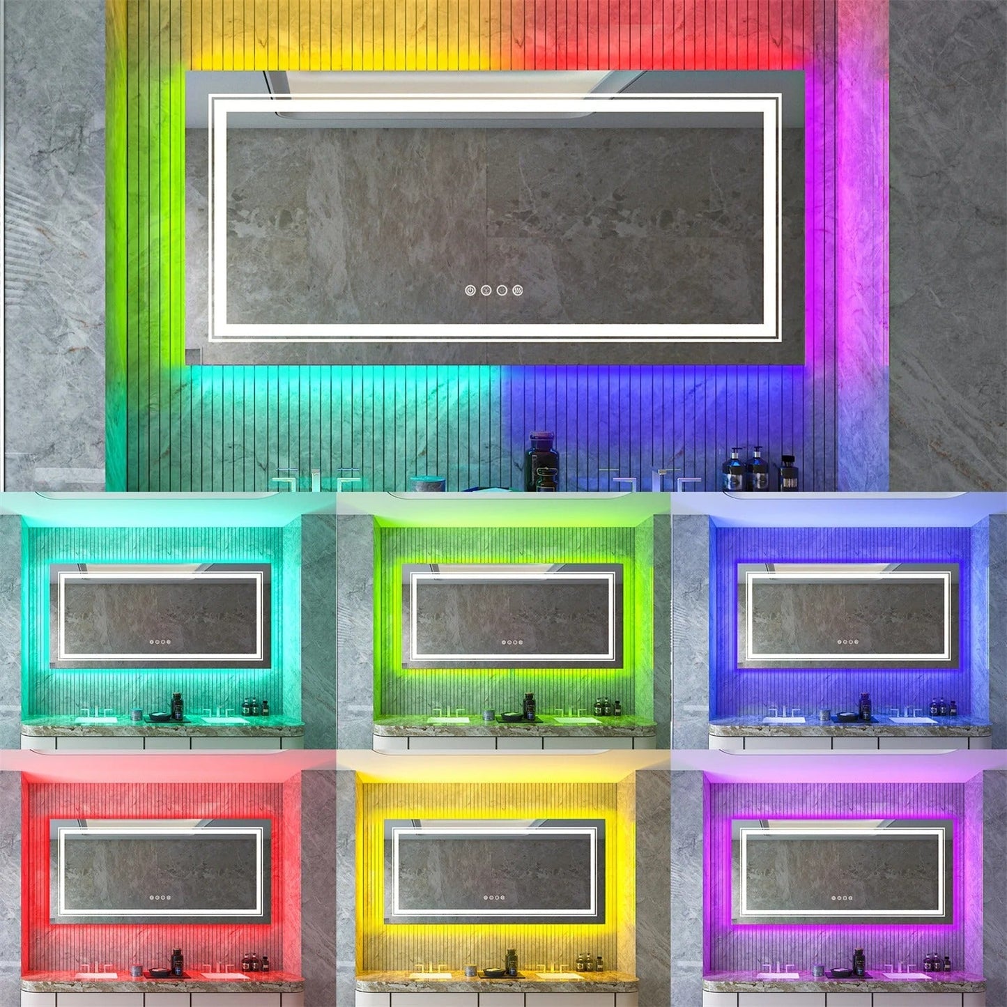 Rectangle Glitzy RGB Double Light LED Bathroom Mirror RGB Color Changing Backlight, Dimmable, Anti-Fog, and Shatterproof