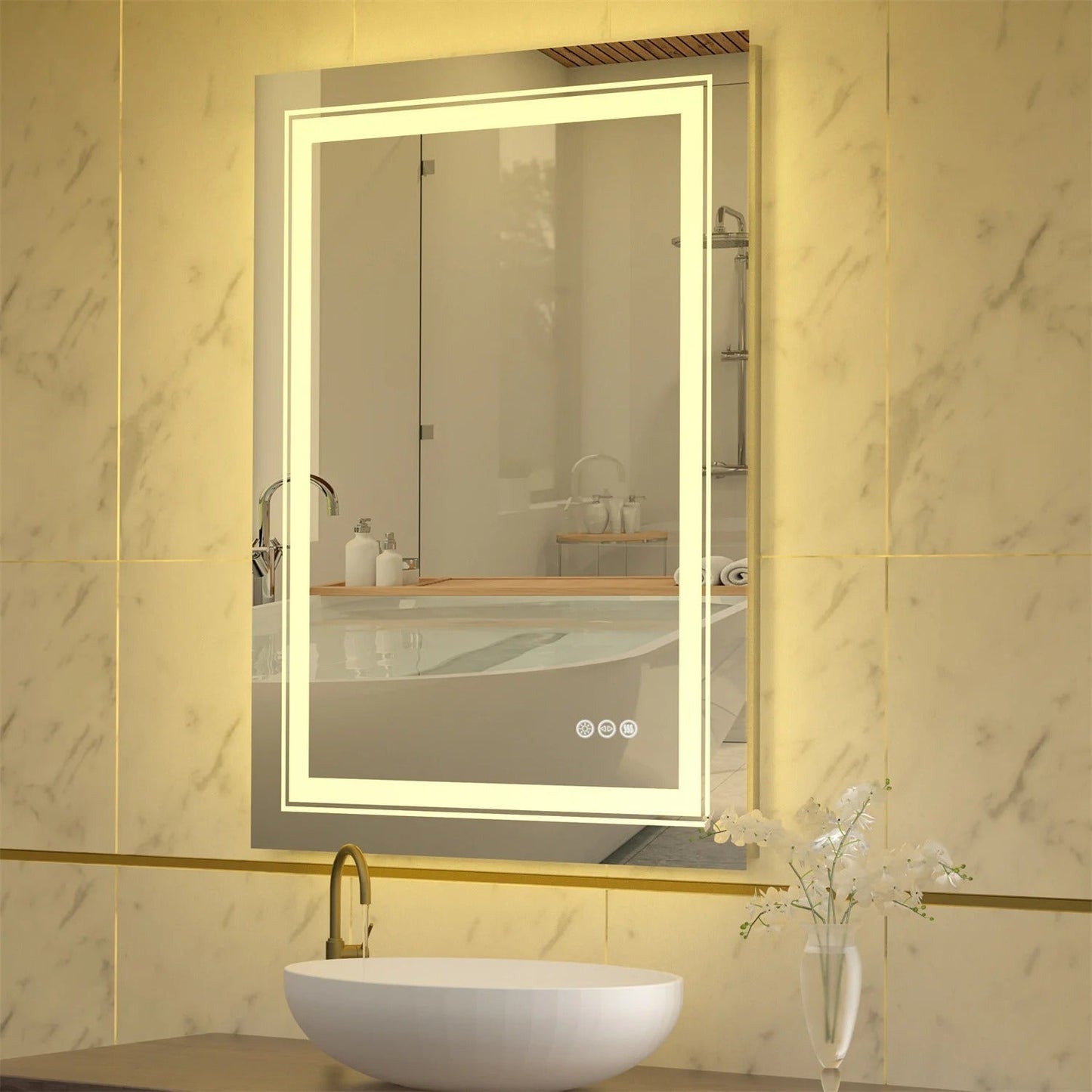 Rectangle Double Light LED Illuminated Smart Mirror Bathroom Makeup Mirror with Dimmable Anti-Fog