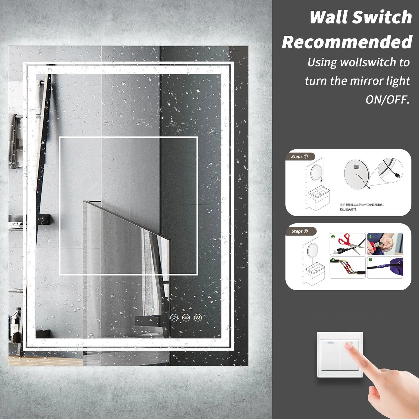 Rectangle Double Light LED Illuminated Smart Mirror Bathroom Makeup Mirror with Dimmable Anti-Fog