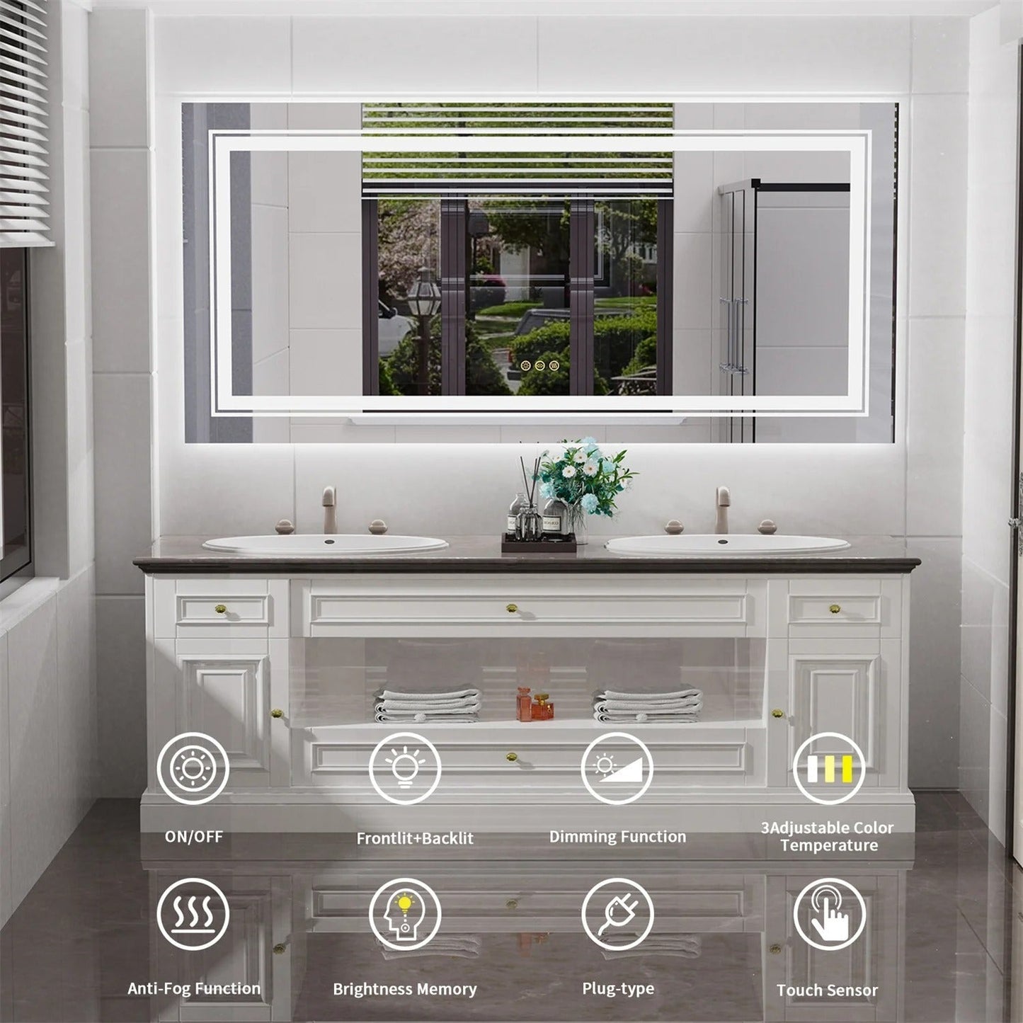 160cm x 80cm Extra Large rectangle LED Double Light Bathroom Mirror Dual Lights Anti-Fog Memory 3 Colors Dimmable