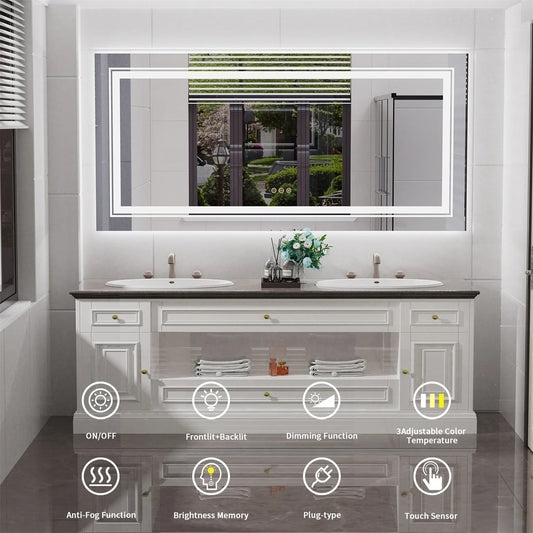 160cm x 80cm Extra Large rectangle  LED Double Light Bathroom Mirror Dual Lights Anti-Fog Memory 3 Colors Dimmable