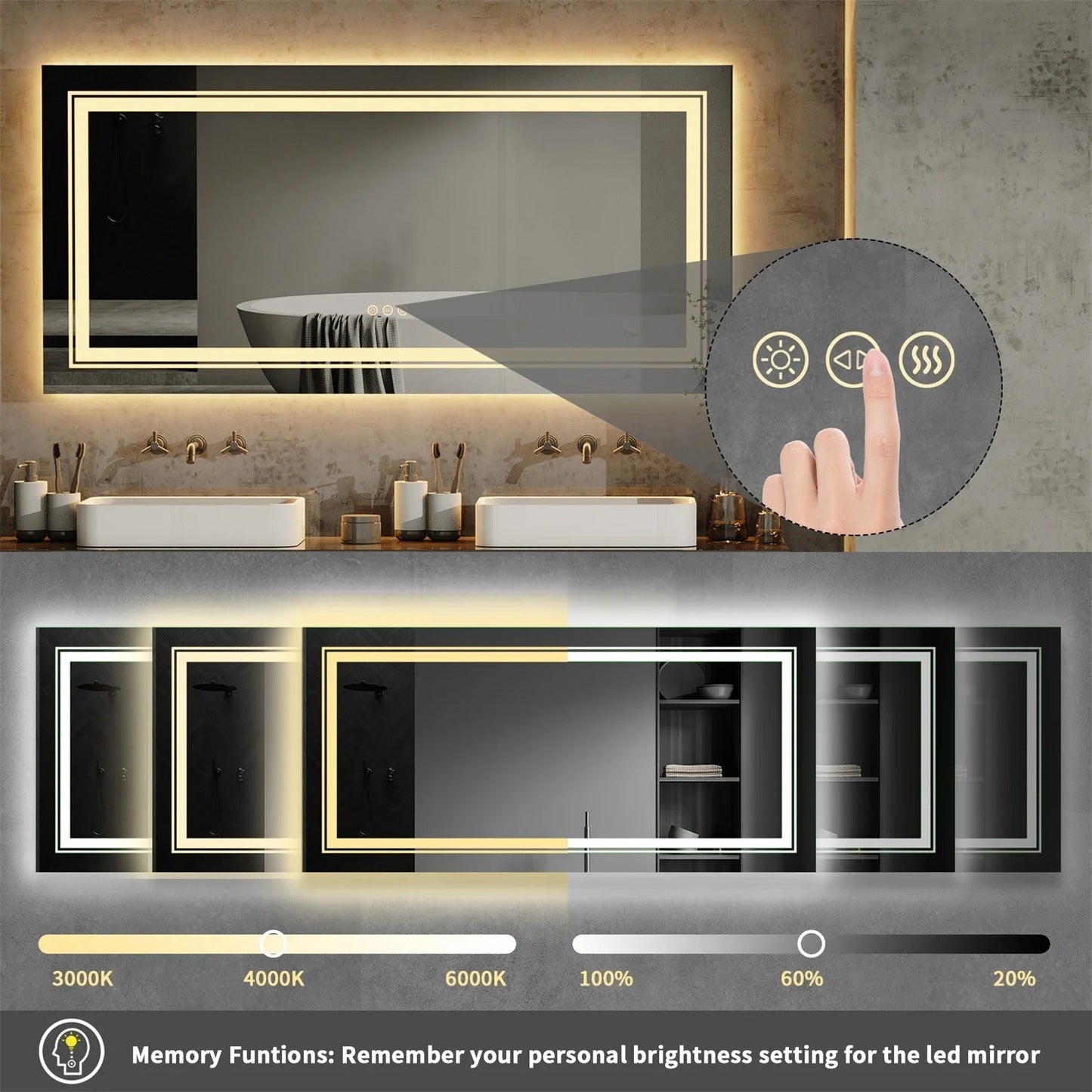 Large Rectangle Double Lights LED Bathroom Mirror Illuminated Dimmable Vanity Mirror with Anti-Fog, 3 Color