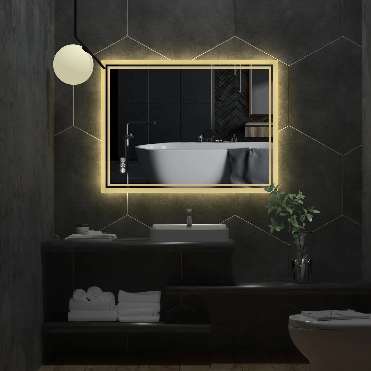 Backlit Rectangular Large LED Bathroom Vanity Mirror, Dimmable, Touch Control, Waterproof