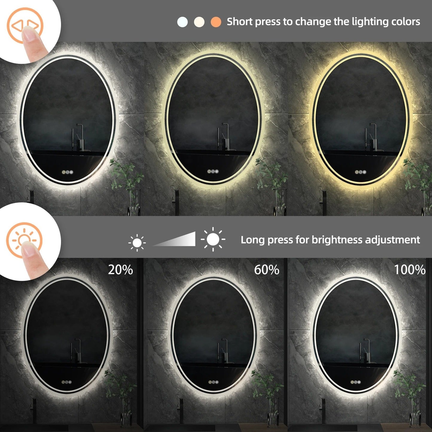 Double Light OVAL LED Illuminated Mirror Bathroom Makeup Mirror with Dimmable