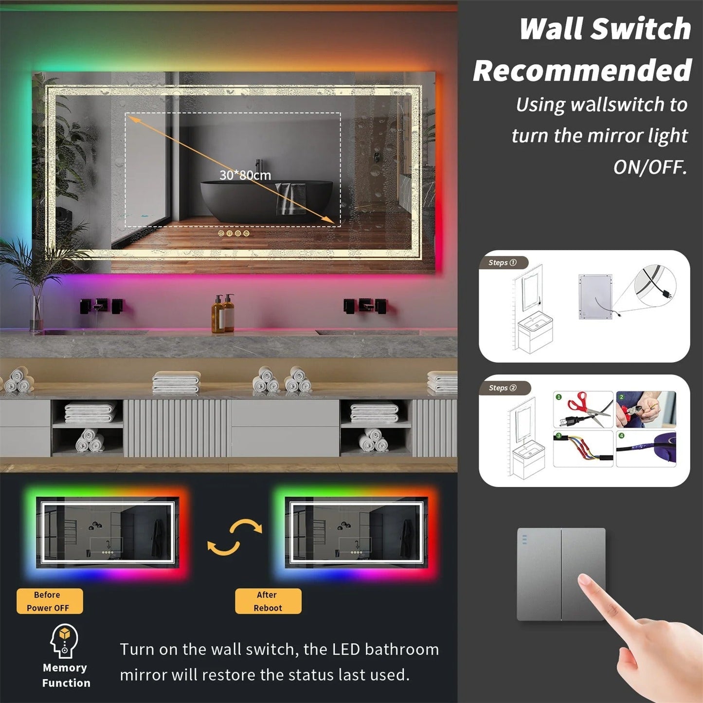 Rectangle Glitzy RGB Double Light LED Bathroom Mirror RGB Color Changing Backlight, Dimmable, Anti-Fog, and Shatterproof