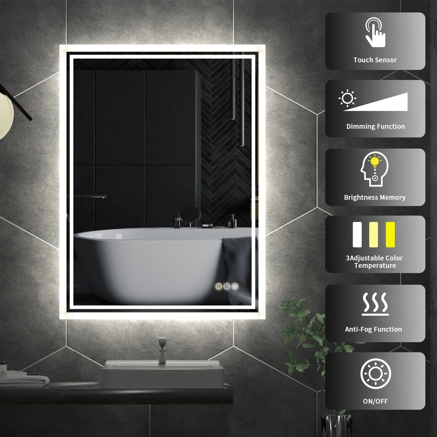 Backlit Rectangular Large LED Bathroom Vanity Mirror, Dimmable, Touch Control, Waterproof