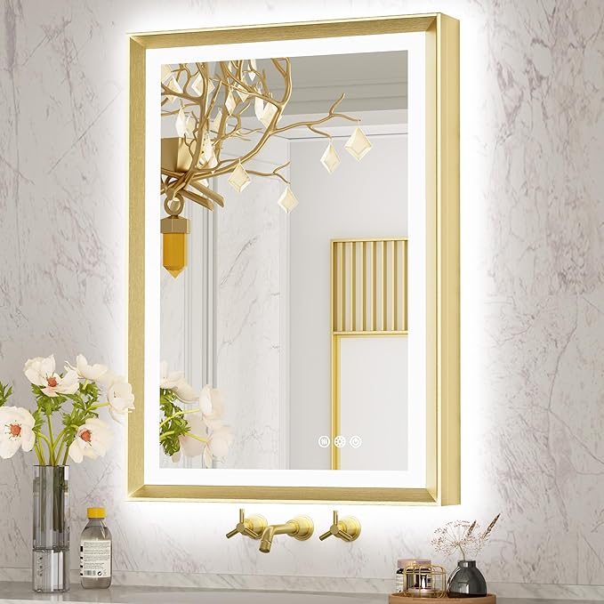 Front Light Rectangle Aluminum Alloy Frame Bath Mirror,Wall Mounted Lighted Vanity Mirror, Anti-Fog