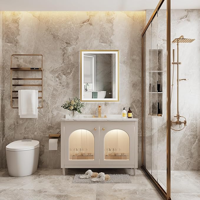 Front Light Rectangle Aluminum Alloy Frame Bath Mirror,Wall Mounted Lighted Vanity Mirror, Anti-Fog