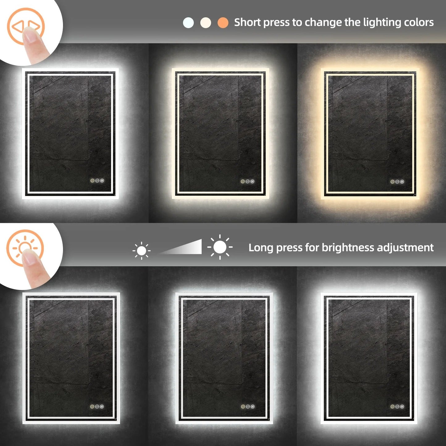 Backlit Rectangular Large LED Bathroom Vanity Mirror, Dimmable, Touch Control, Waterproof