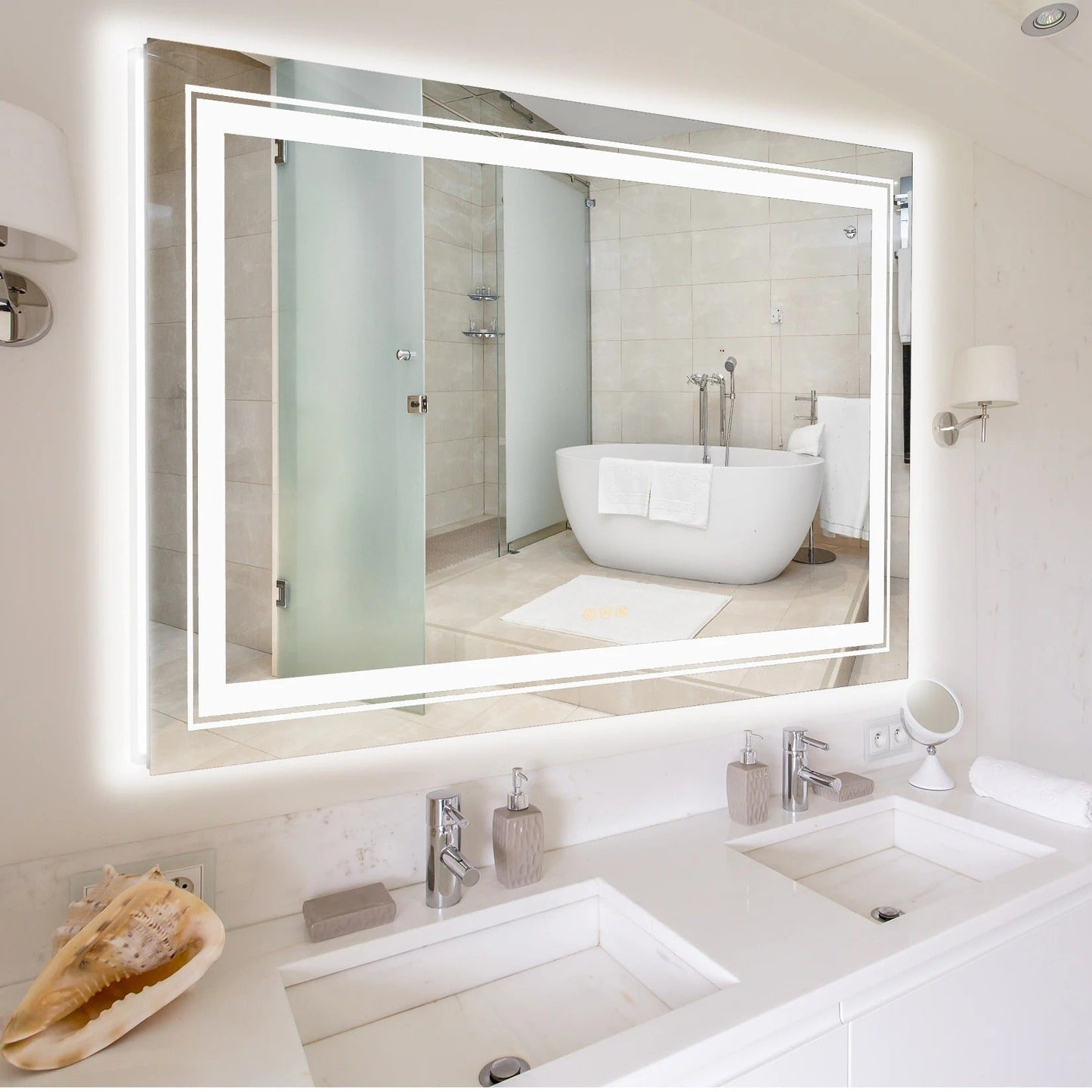 Double Light 100x 60cm Rectangle LED Bathroom Mirror, Dimmable Wall Mirrors with Anti-Fog, 3 Color
