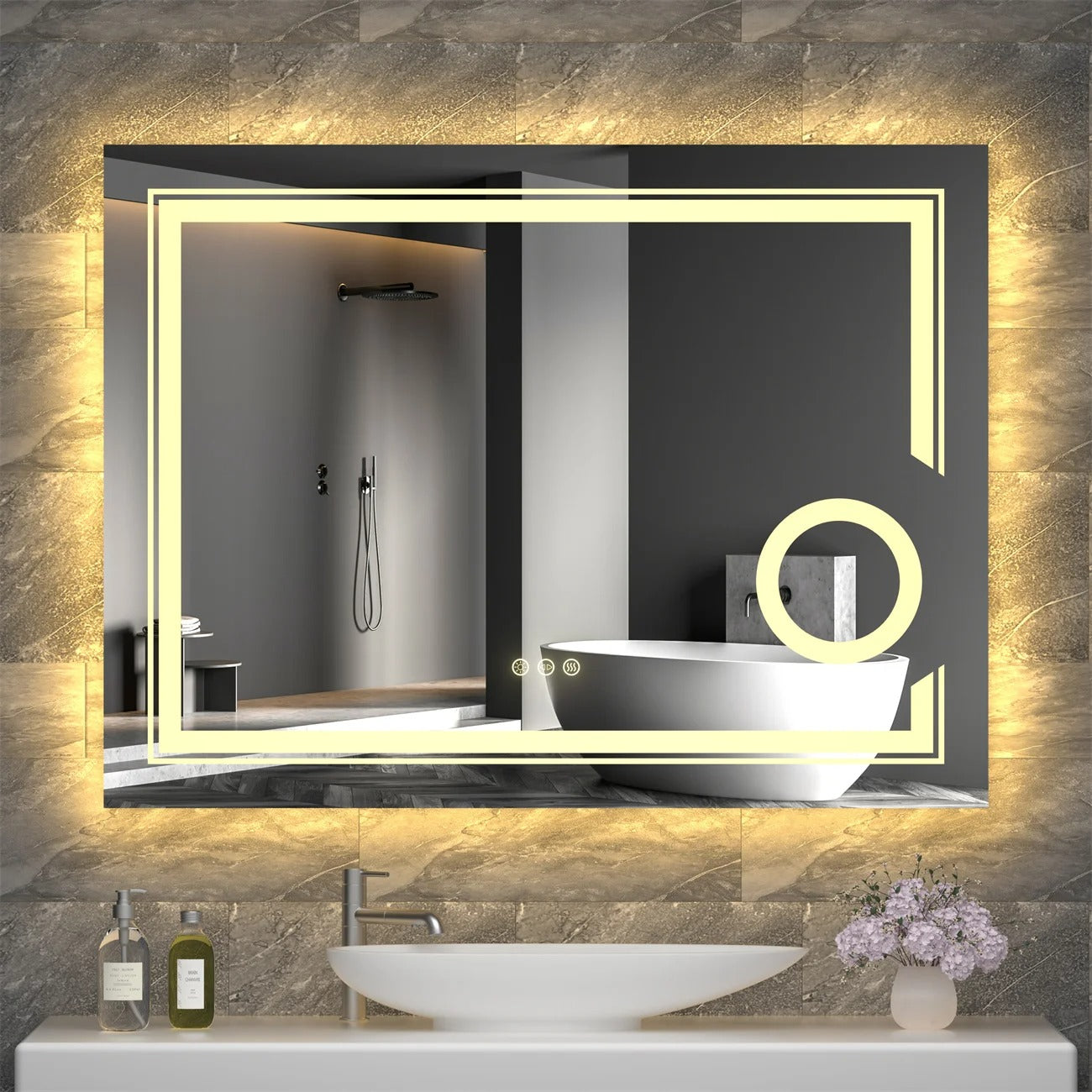 Double lights Smart LED Rectangle Bathroom Mirror with 3X Magnifier
