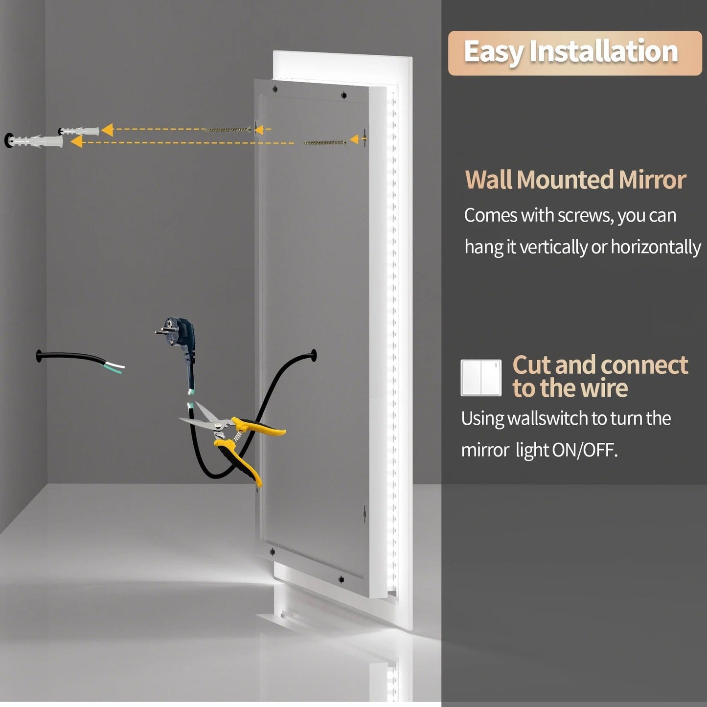 40x50cm Front light LED Bathroom Mirror with Anti-Fog, Wall Mounted Vanity Mirror with Smart Touch Button, Memory Function
