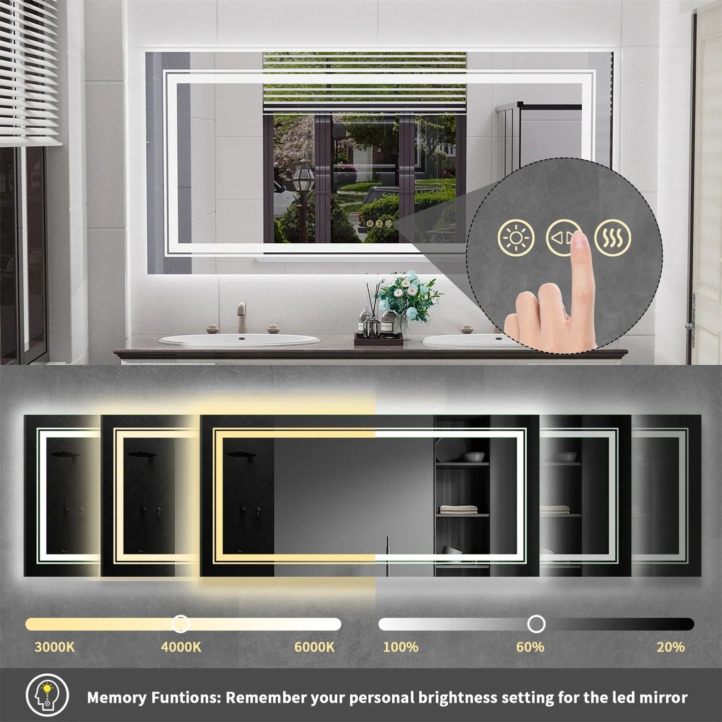 160cm x 80cm Extra Large rectangle LED Double Light Bathroom Mirror Dual Lights Anti-Fog Memory 3 Colors Dimmable