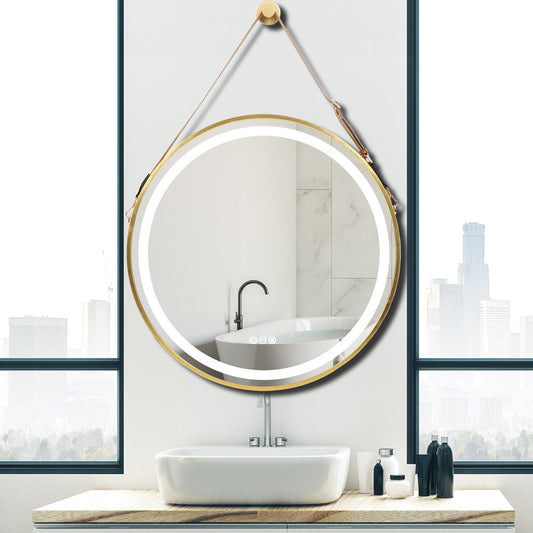 Golden Frame with Rope Round Lighted Mirror,Bathroom Mirror with Front Light,Wall Mounted Lighted Vanity Mirror, Anti-Fog & Dimmable Touch Switch