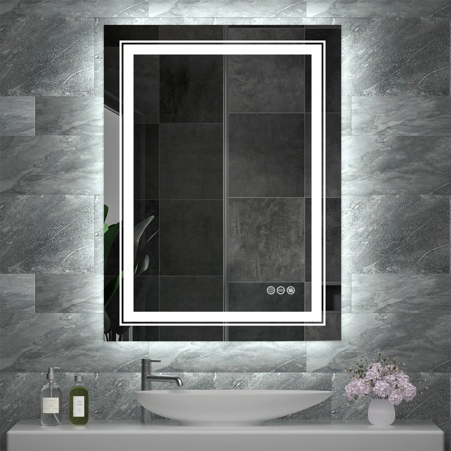 Rectangle Double Light LED Illuminated Smart Mirror Bathroom Makeup Mirror with Dimmable Anti-Fog