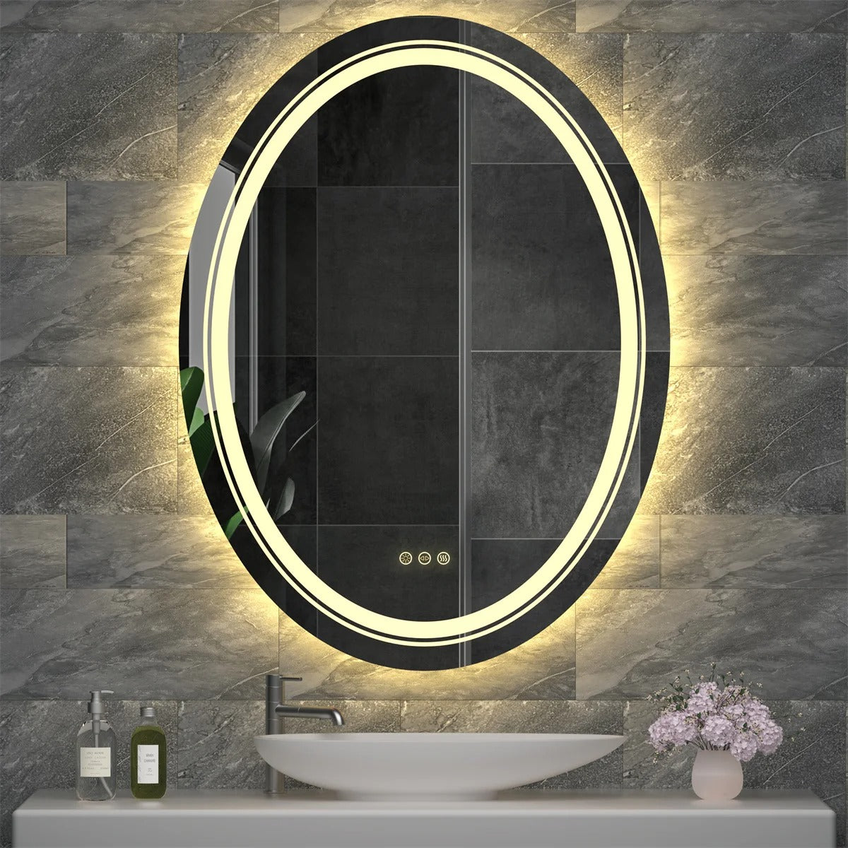Double Light OVAL LED Illuminated Mirror Bathroom Makeup Mirror with Dimmable