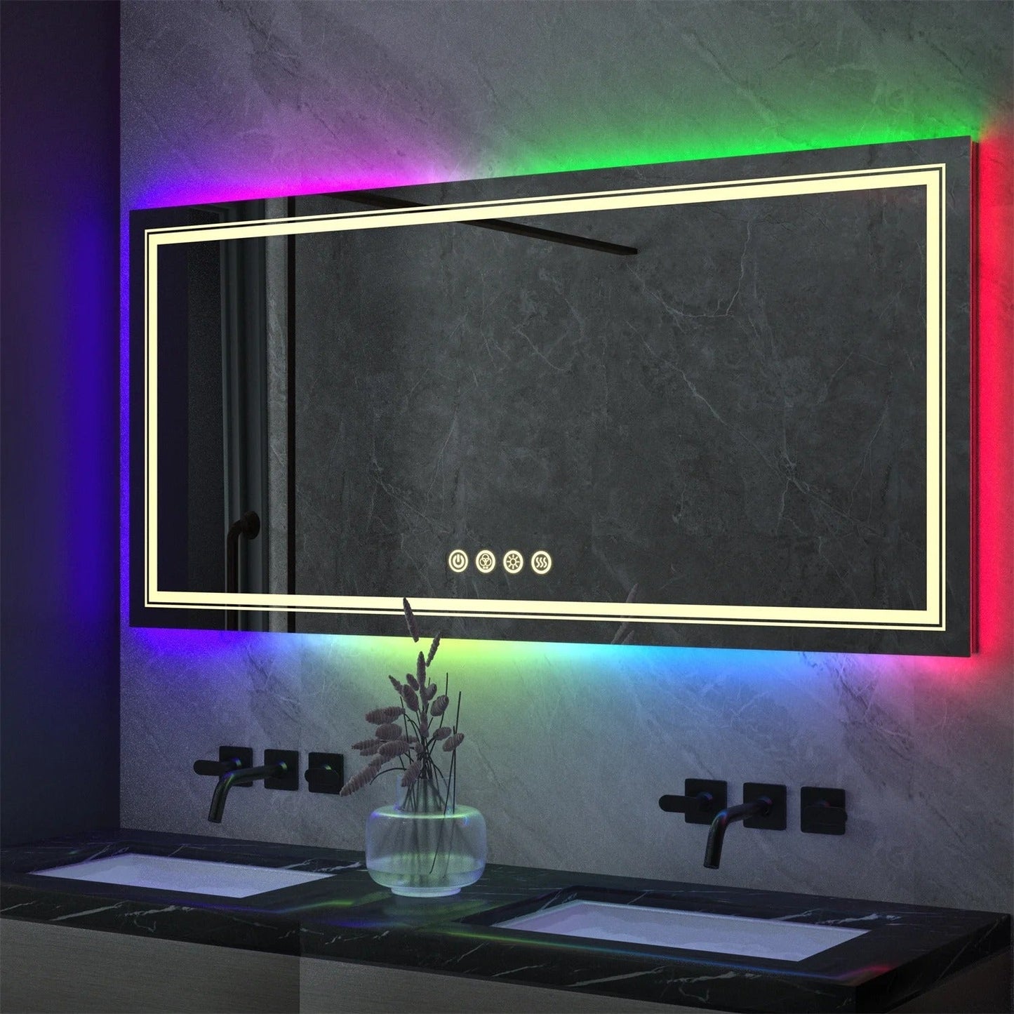Rectangle Glitzy RGB Double Light LED Bathroom Mirror RGB Color Changing Backlight, Dimmable, Anti-Fog, and Shatterproof