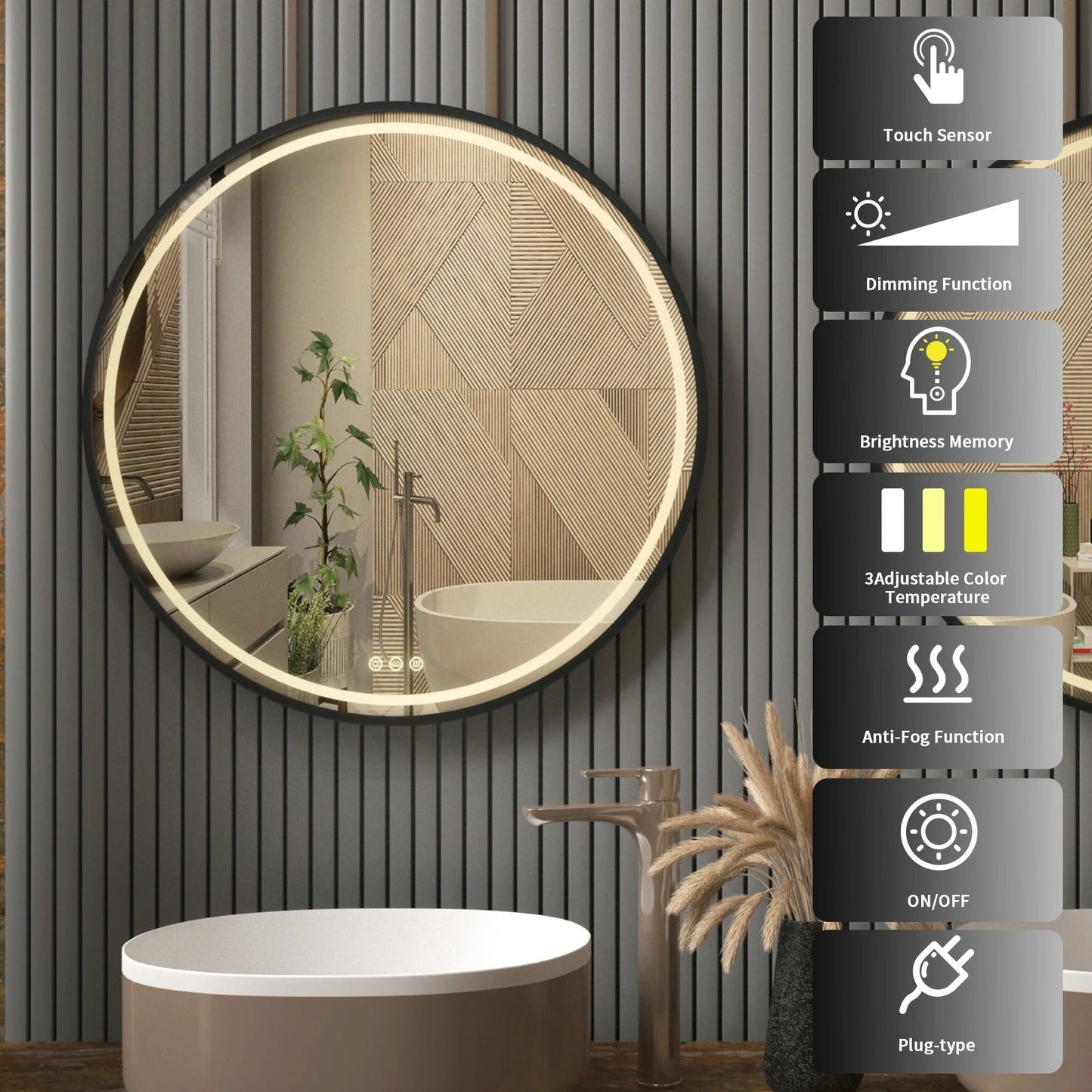 Black Frame Round Bathroom Mirrorwith Front Light, Anti-Fog & Dimmable Touch Switch