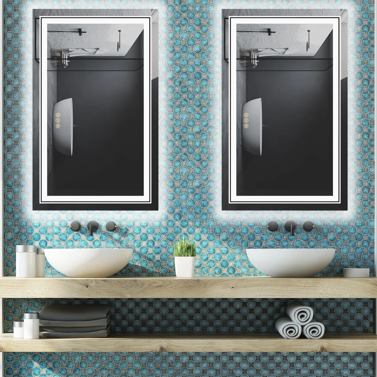 Double Light 100x 60cm Rectangle LED Bathroom Mirror, Dimmable Wall Mirrors with Anti-Fog, 3 Color