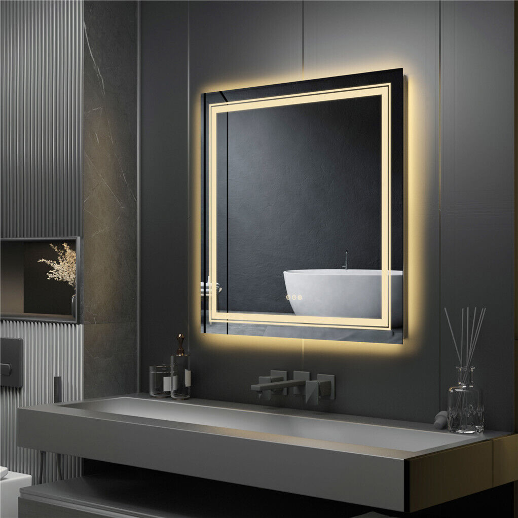 Double Light Square LED Illuminated Mirror Bathroom Makeup Mirror with Dimmable,Anti-Fog
