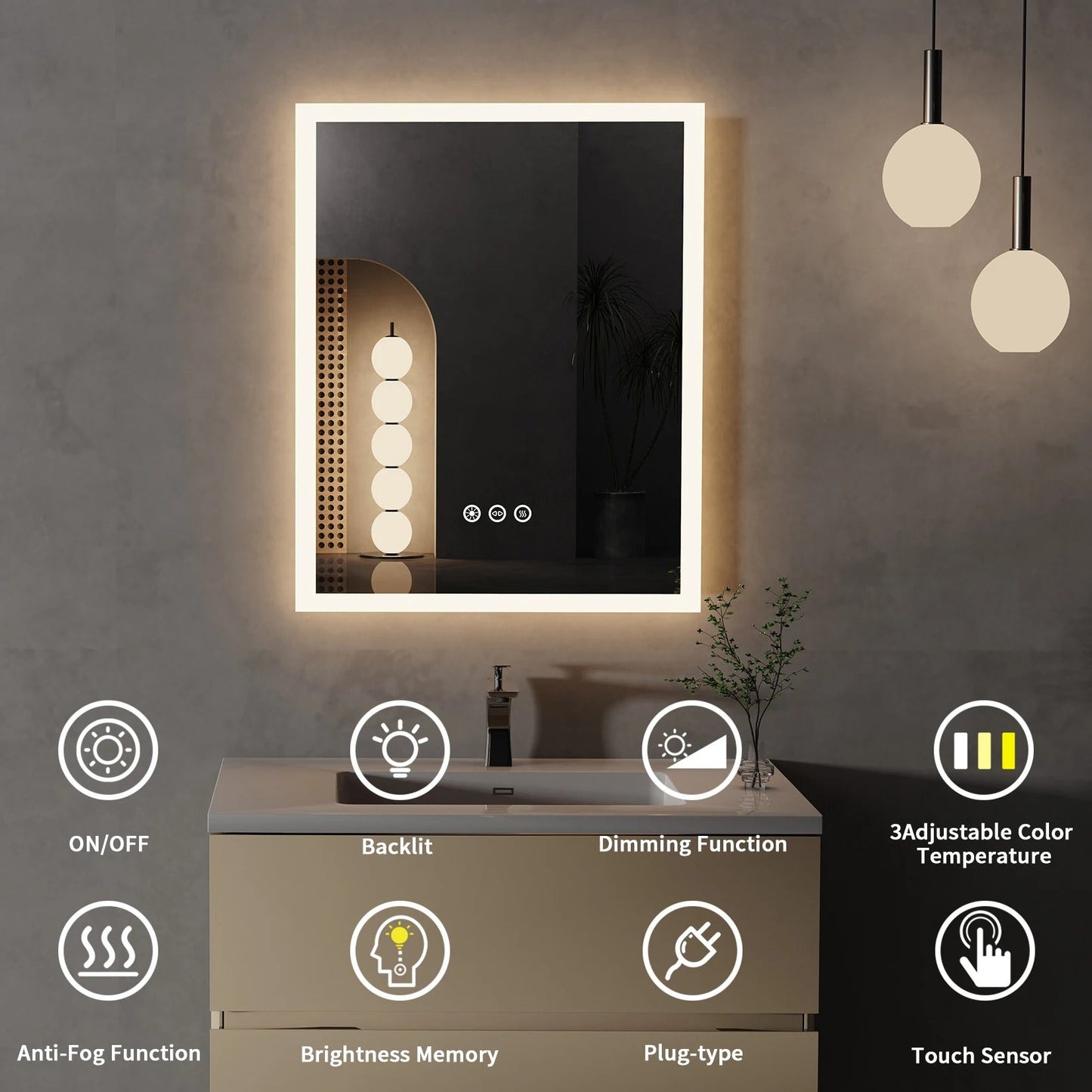 40x50cm Front light LED Bathroom Mirror with Anti-Fog, Wall Mounted Vanity Mirror with Smart Touch Button, Memory Function