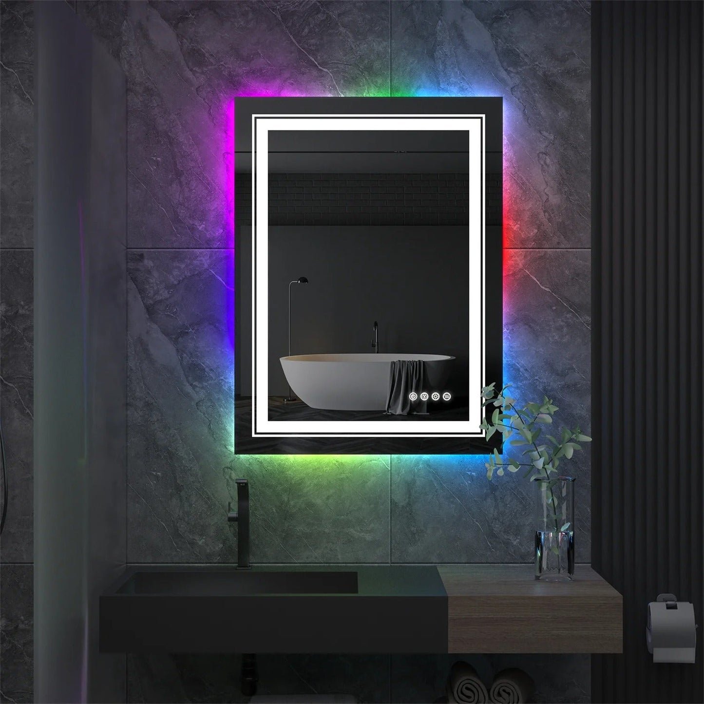 Rectangle Glitzy RGB Double Light LED Bathroom Mirror RGB Color Changing Backlight, Dimmable, Anti-Fog, and Shatterproof