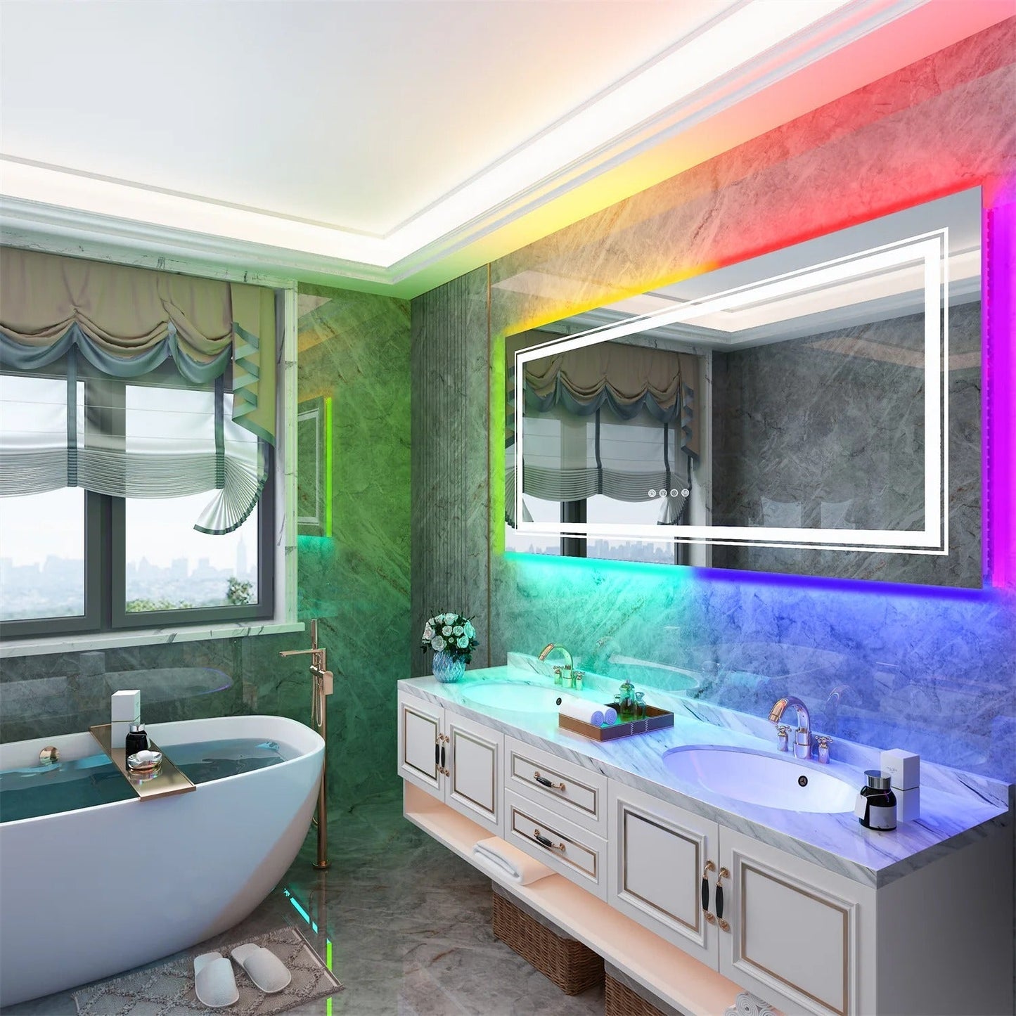 Rectangle Glitzy RGB Double Light LED Bathroom Mirror RGB Color Changing Backlight, Dimmable, Anti-Fog, and Shatterproof