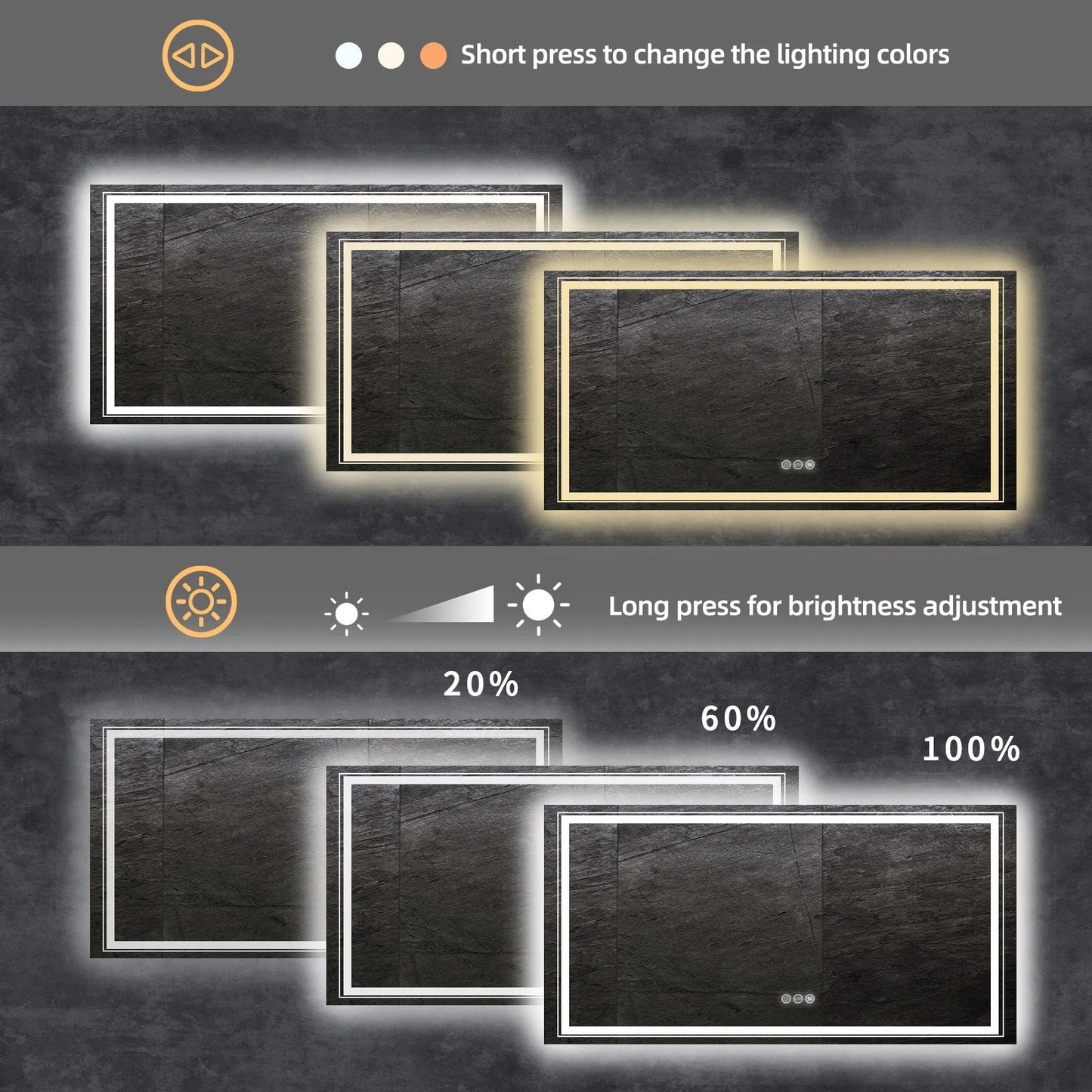 Double Light 100x 60cm Rectangle LED Bathroom Mirror, Dimmable Wall Mirrors with Anti-Fog, 3 Color