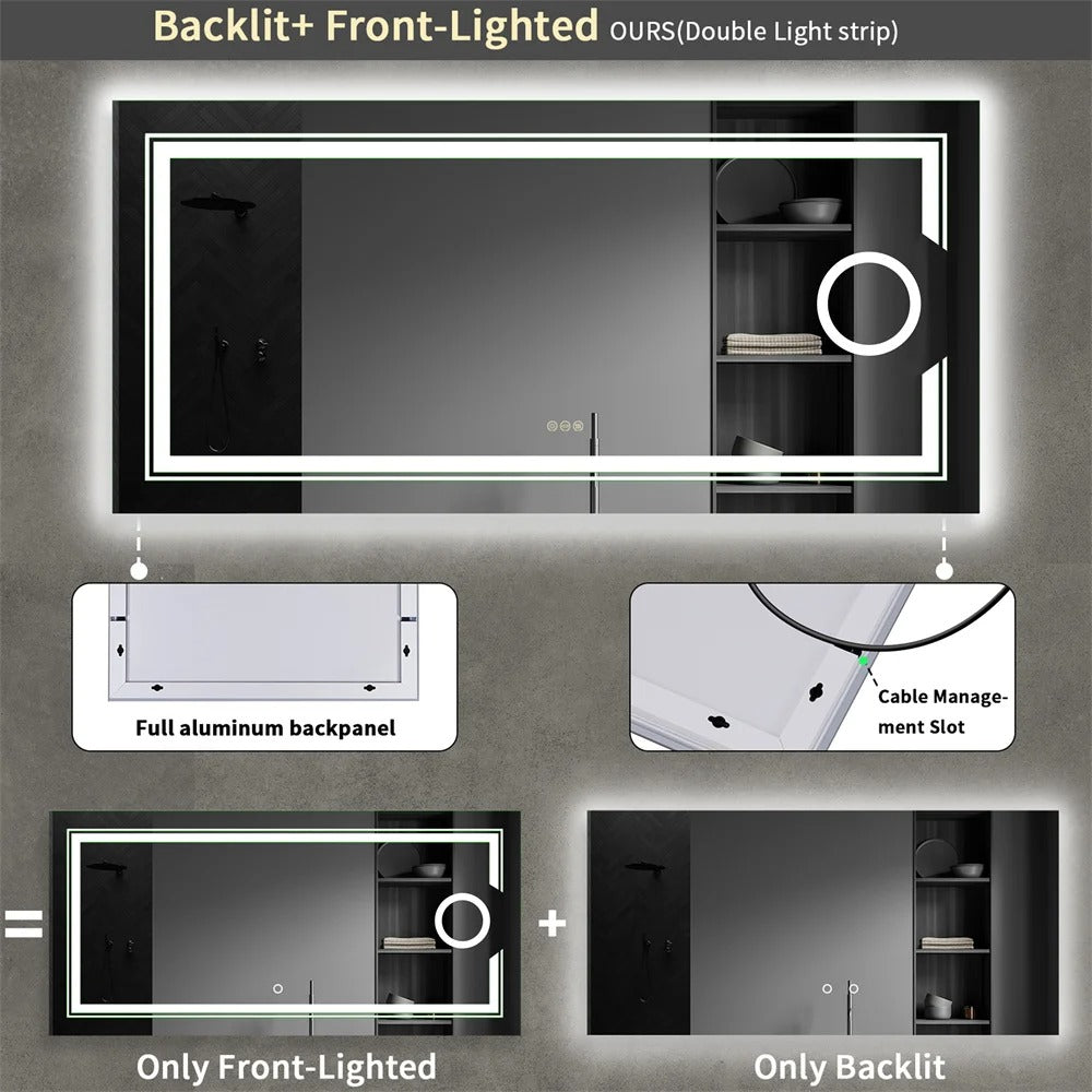 Extra Large Rectangle 120cm x 60cm Double lights Smart LED Bathroom Mirror with 3X Magnifier