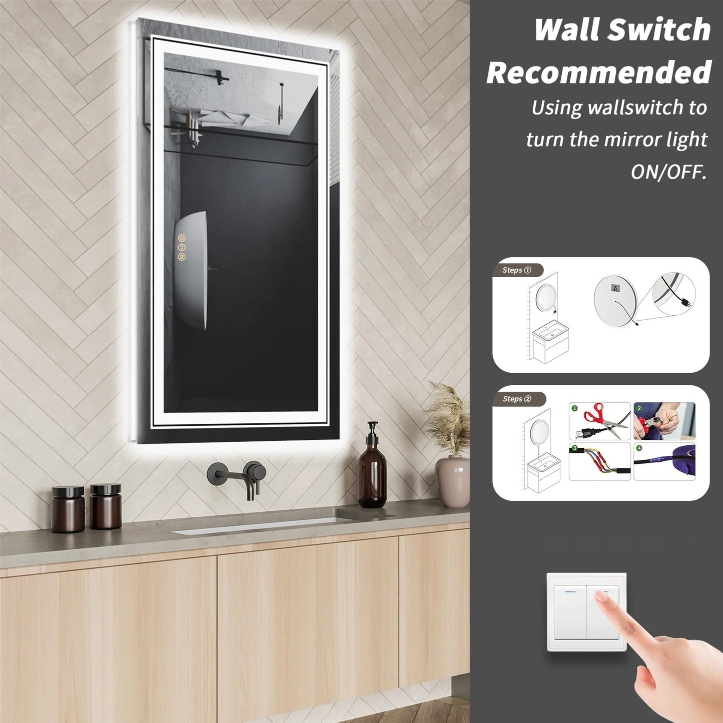 Double Light 100x 60cm Rectangle LED Bathroom Mirror, Dimmable Wall Mirrors with Anti-Fog, 3 Color